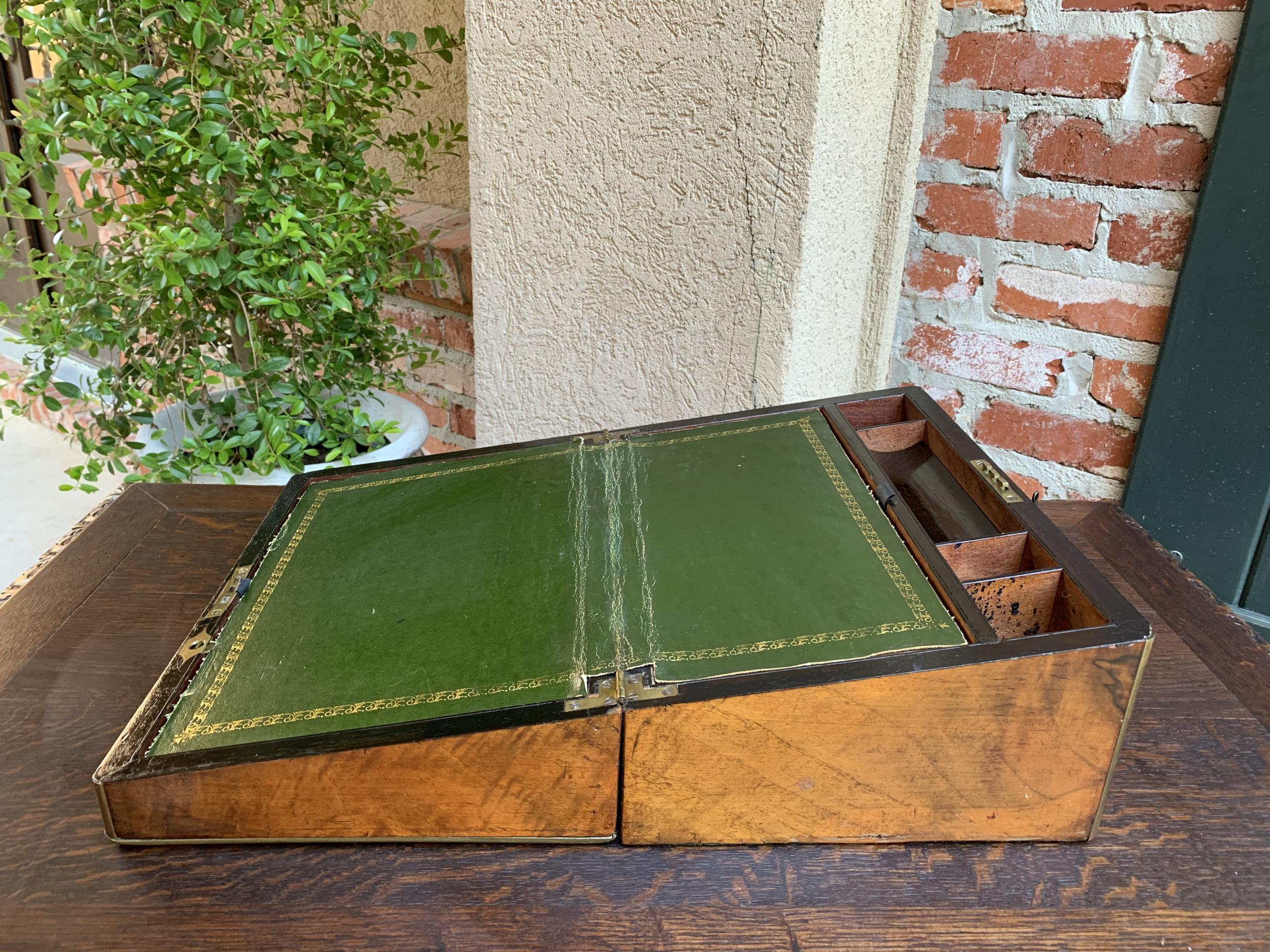 19th Century English Campaign Mahogany Writing Slope Lap Desk Box Brass 12