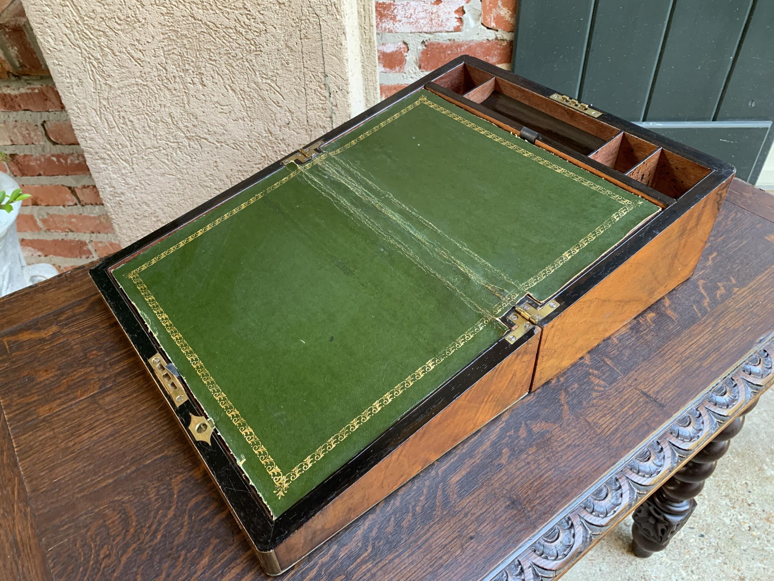 19th Century English Campaign Mahogany Writing Slope Lap Desk Box Brass In Fair Condition In Shreveport, LA