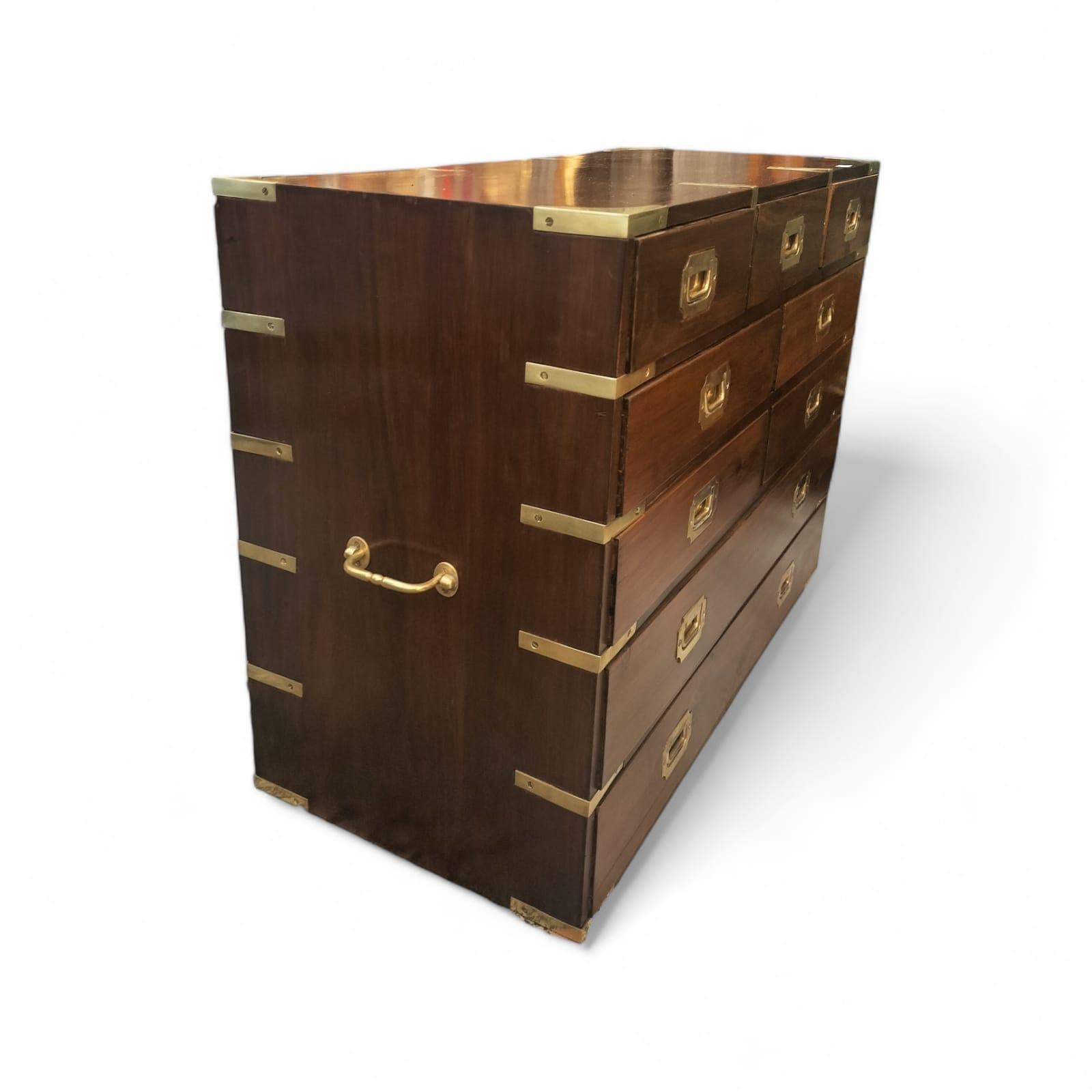 British Colonial 19th Century English Campaign Marine Chest of Drawers in Mahogany  For Sale