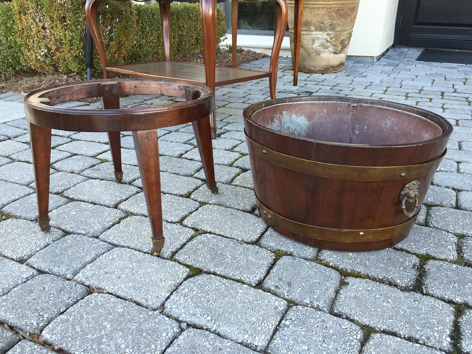 19th Century English Campaign Style Cellarette Brass Bound Bucket on Stand For Sale 7