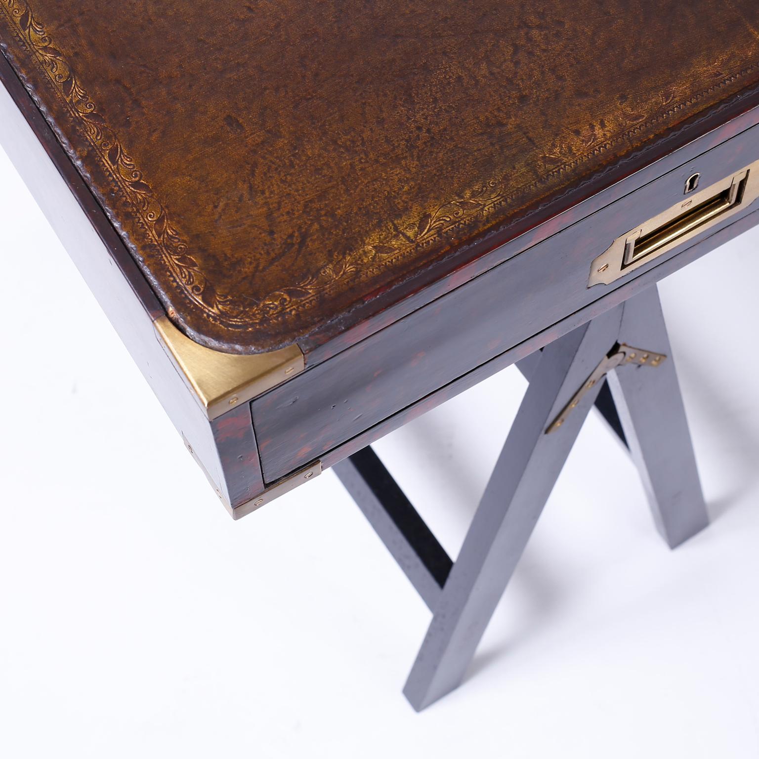 Brass 19th Century English Campaign Style Desk with a Faux Tortoise Shell Finish