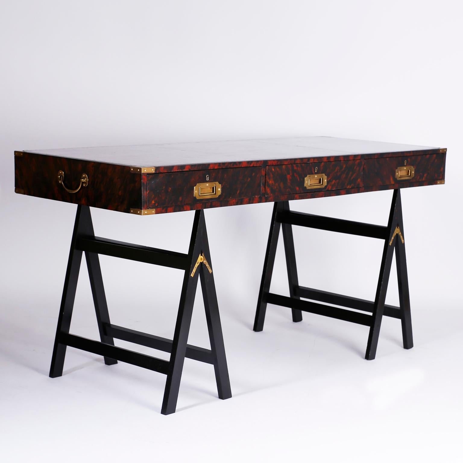 19th Century English Campaign Style Desk with a Faux Tortoise Shell Finish 3