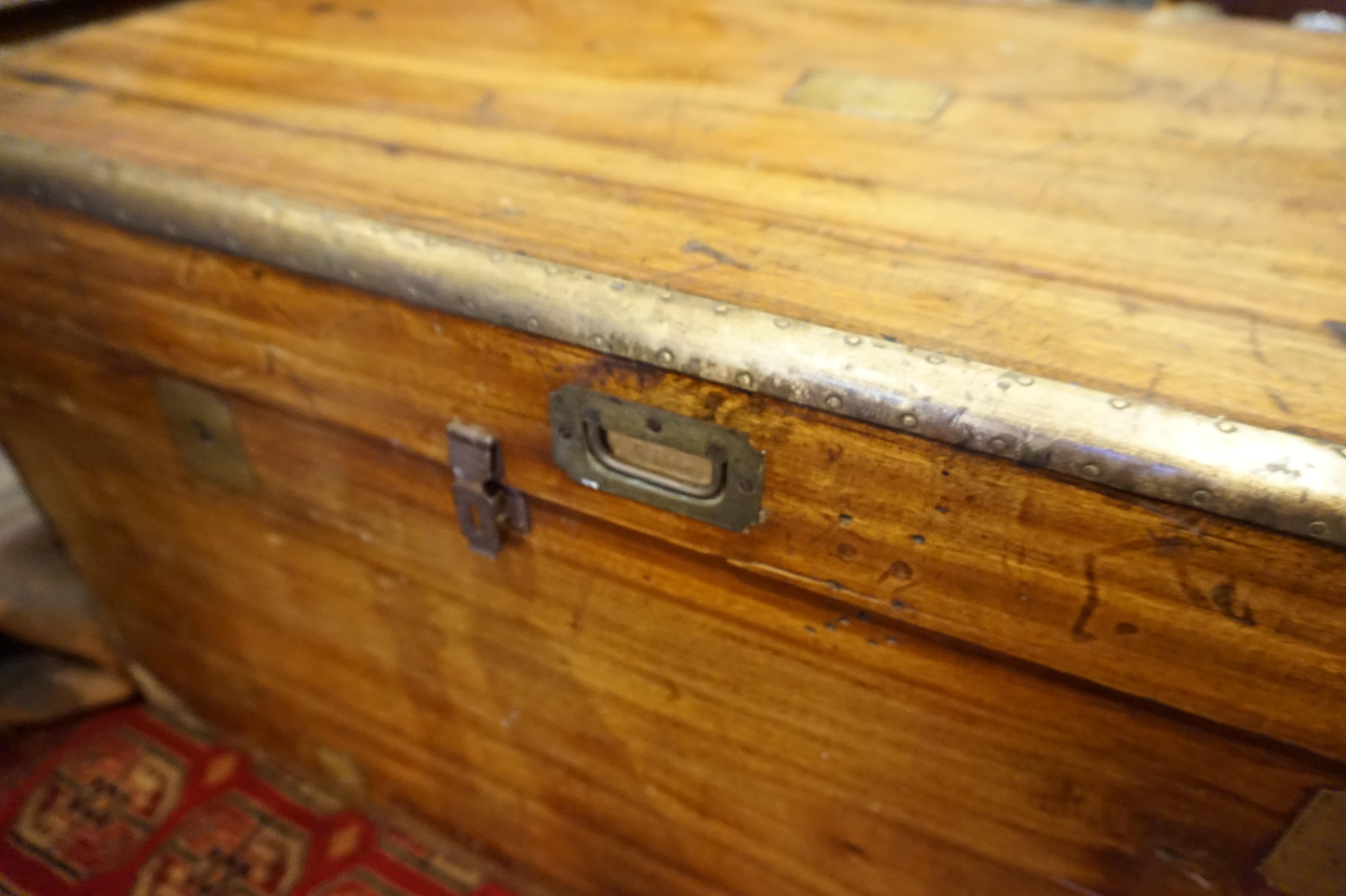 19th century English Camphor chest.
Rare large camphor wood Military Campaign chest with original brass hardware. Single piece of camphor wood at each end laced with protective brass strips. Strong scent of camphor still very present inside.