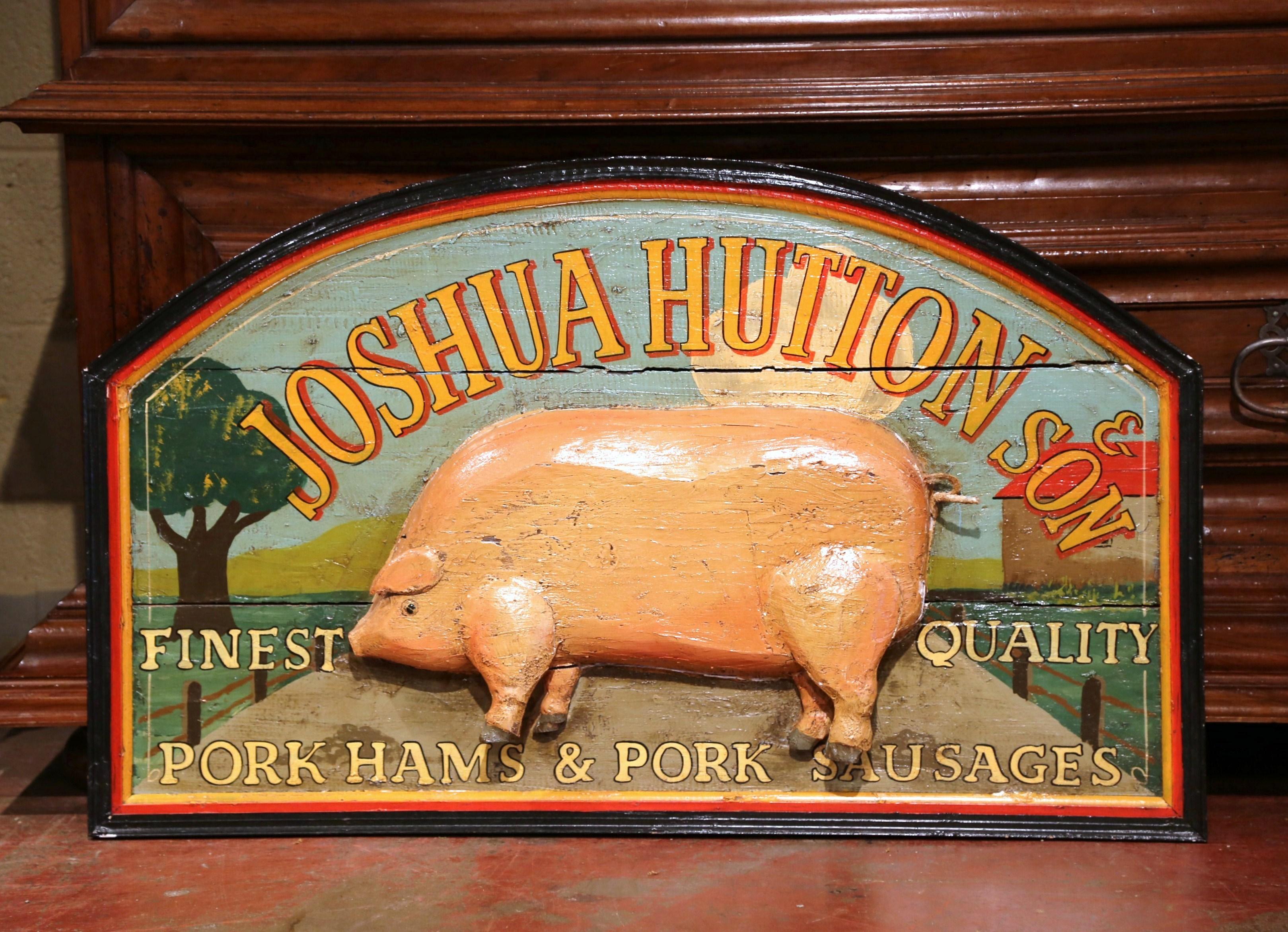 Hand-Painted 19th Century English Carved and Painted Butcher Hanging Sign with Pig Sculpture