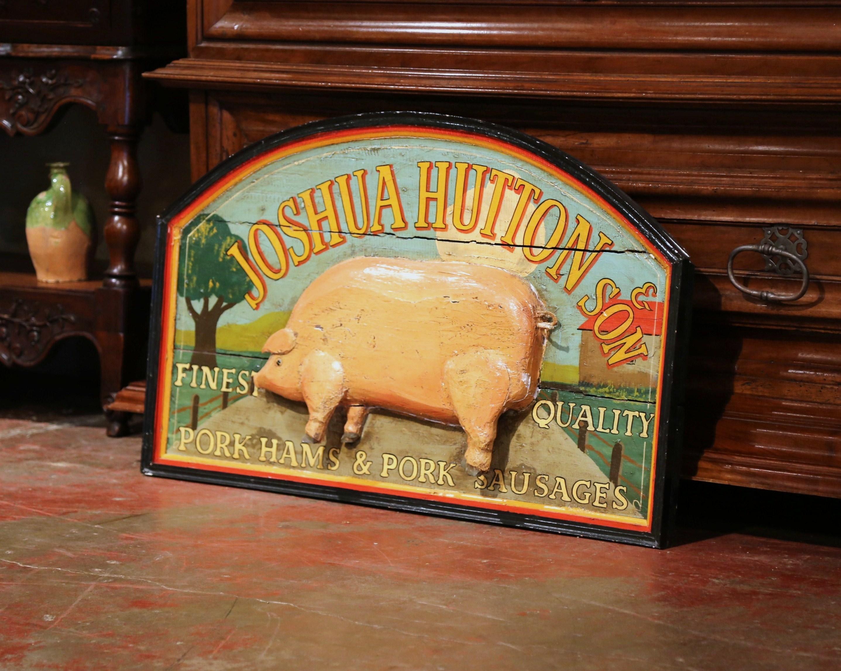 19th Century English Carved and Painted Butcher Hanging Sign with Pig Sculpture In Excellent Condition In Dallas, TX