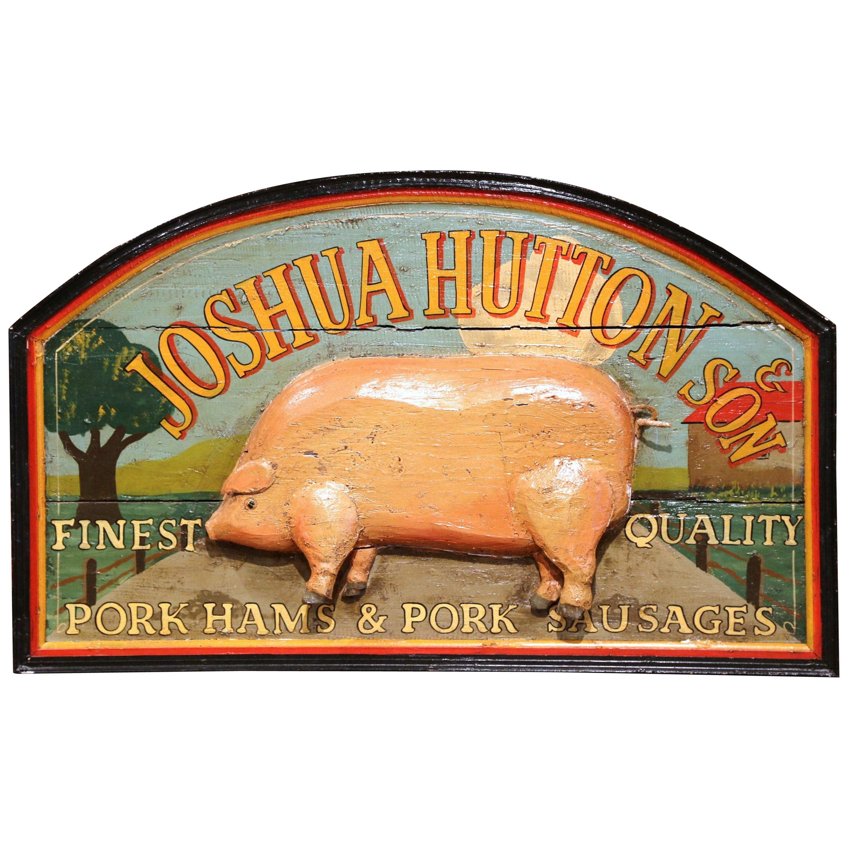 19th Century English Carved and Painted Butcher Hanging Sign with Pig Sculpture