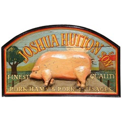 19th Century English Carved and Painted Butcher Hanging Sign with Pig Sculpture