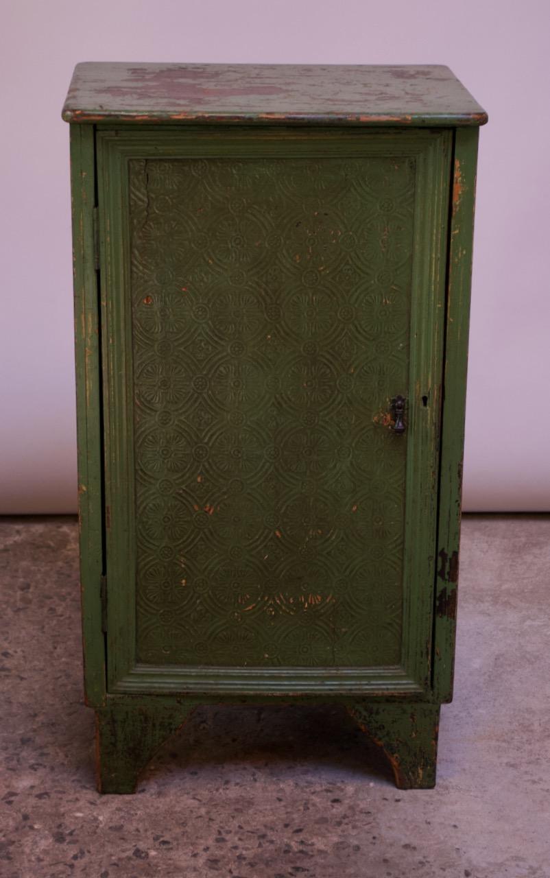 Primitive 19th Century English Carved and Painted Green Pantry Cabinet / Jelly Cupboard