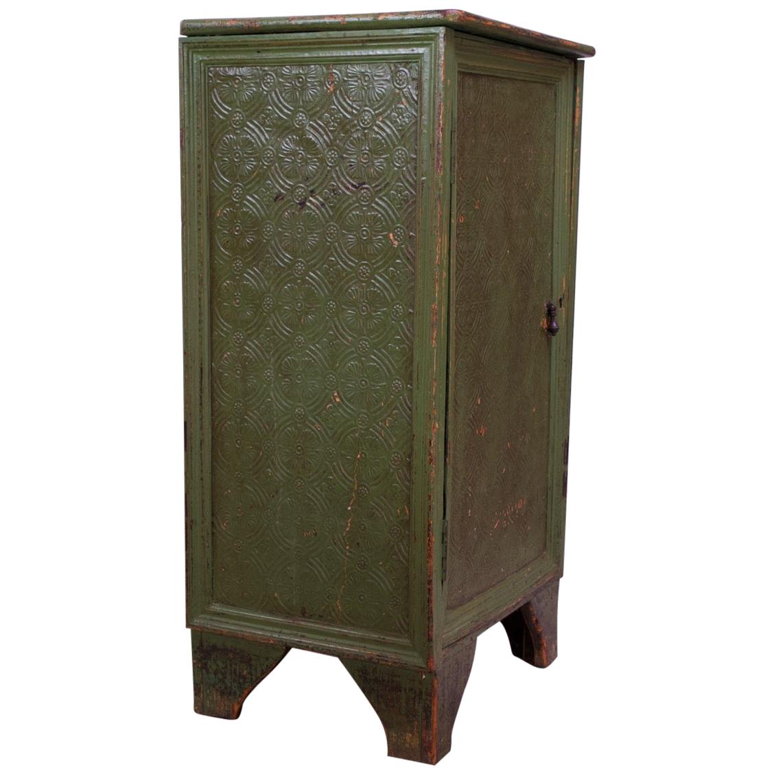 19th Century English Carved and Painted Green Pantry Cabinet / Jelly Cupboard