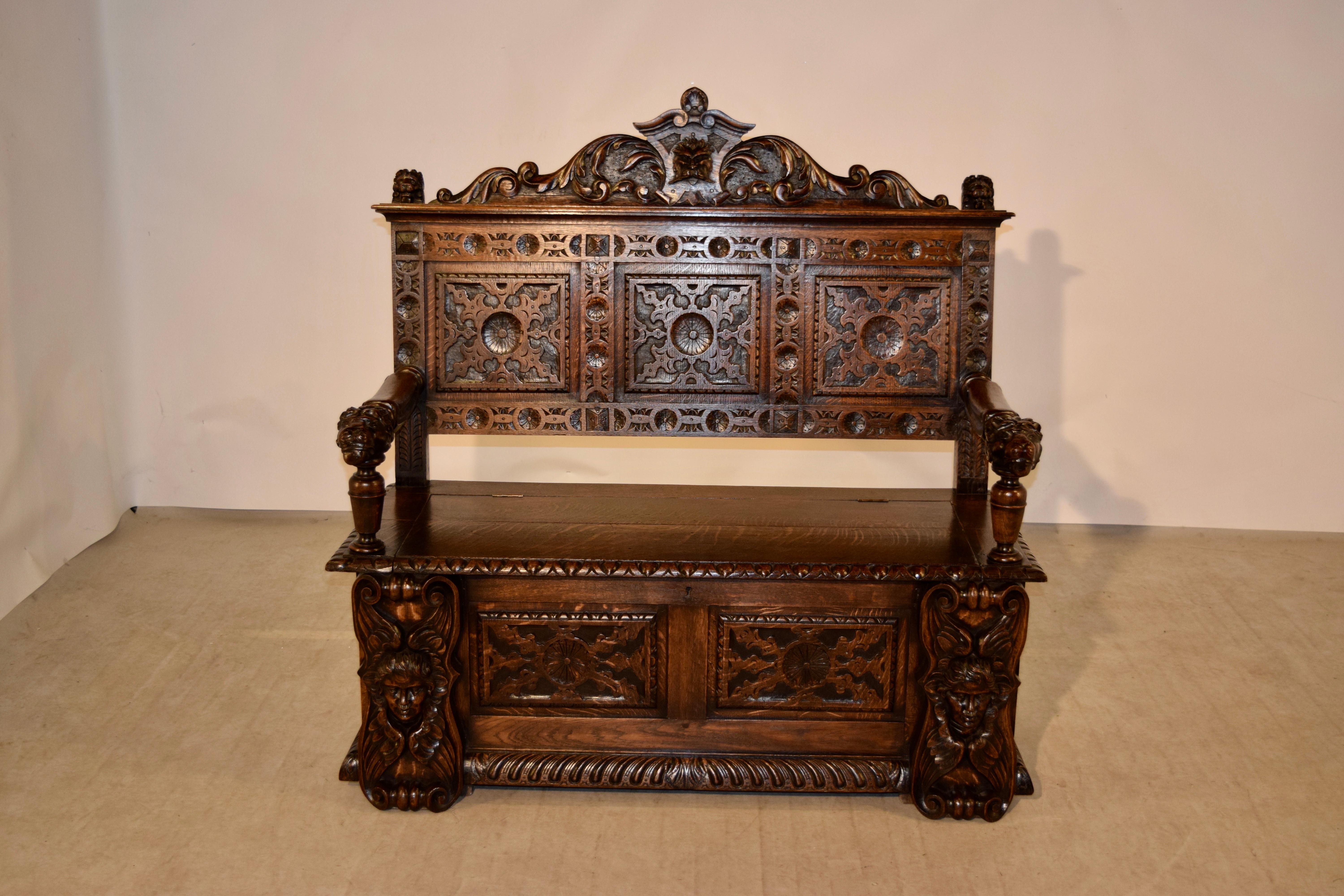 Oak 19th Century English Carved Bench