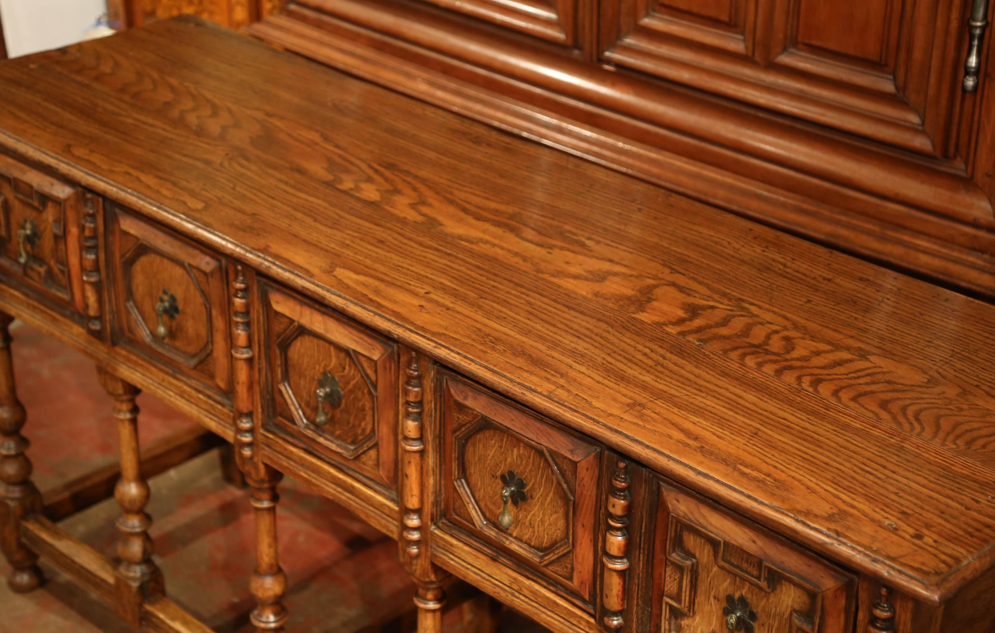 Hand-Carved 19th Century English Carved Chestnut and Oak Eight-Leg Console Table and Drawers