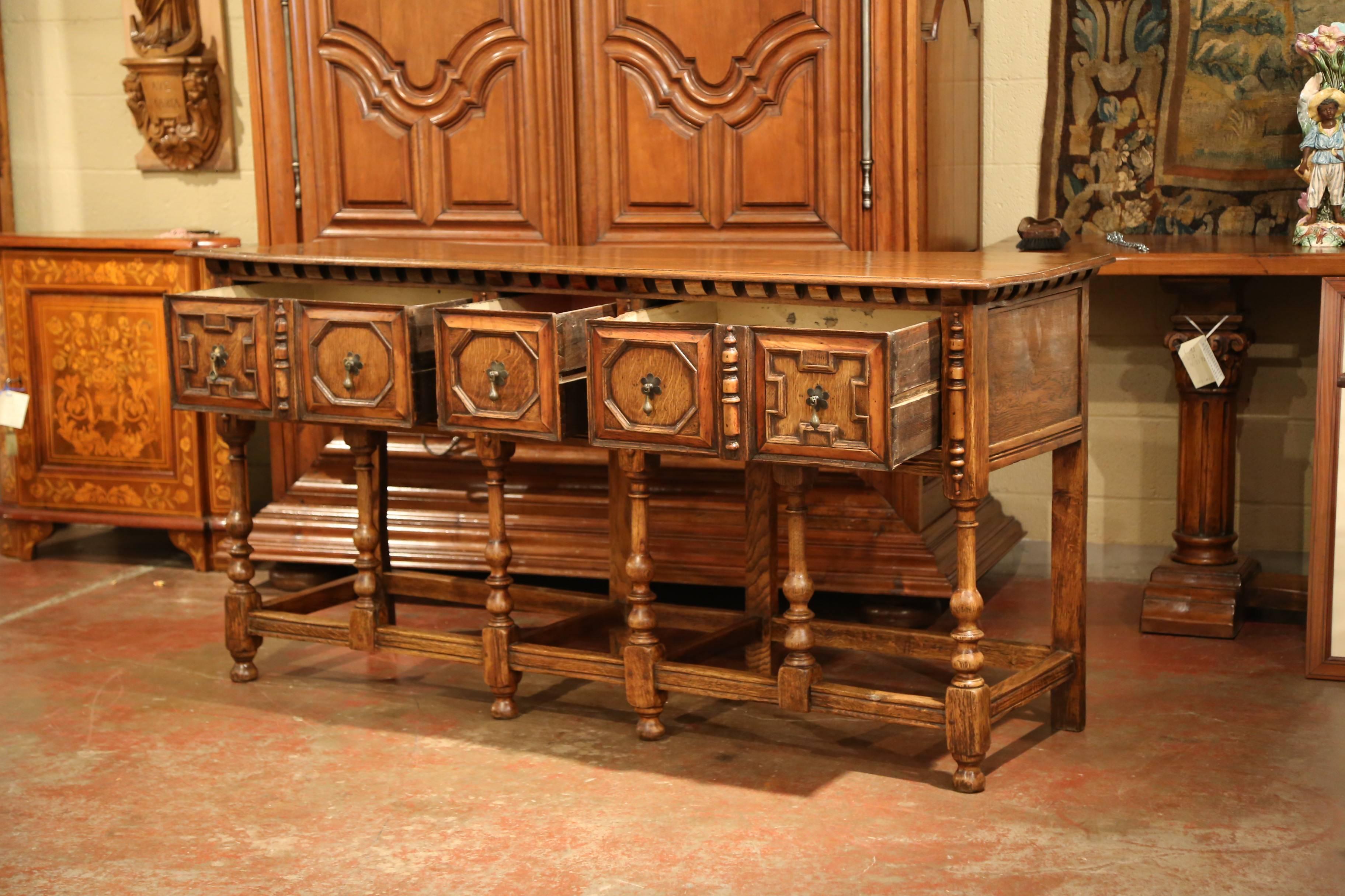 19th Century English Carved Chestnut and Oak Eight-Leg Console Table and Drawers In Excellent Condition In Dallas, TX