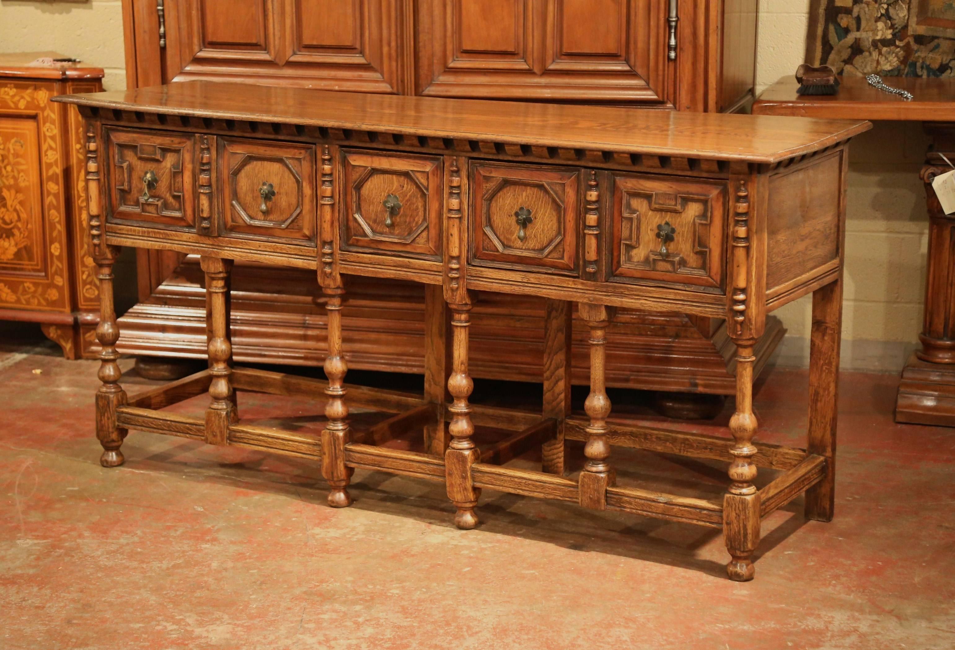 19th Century English Carved Chestnut and Oak Eight-Leg Console Table and Drawers 1