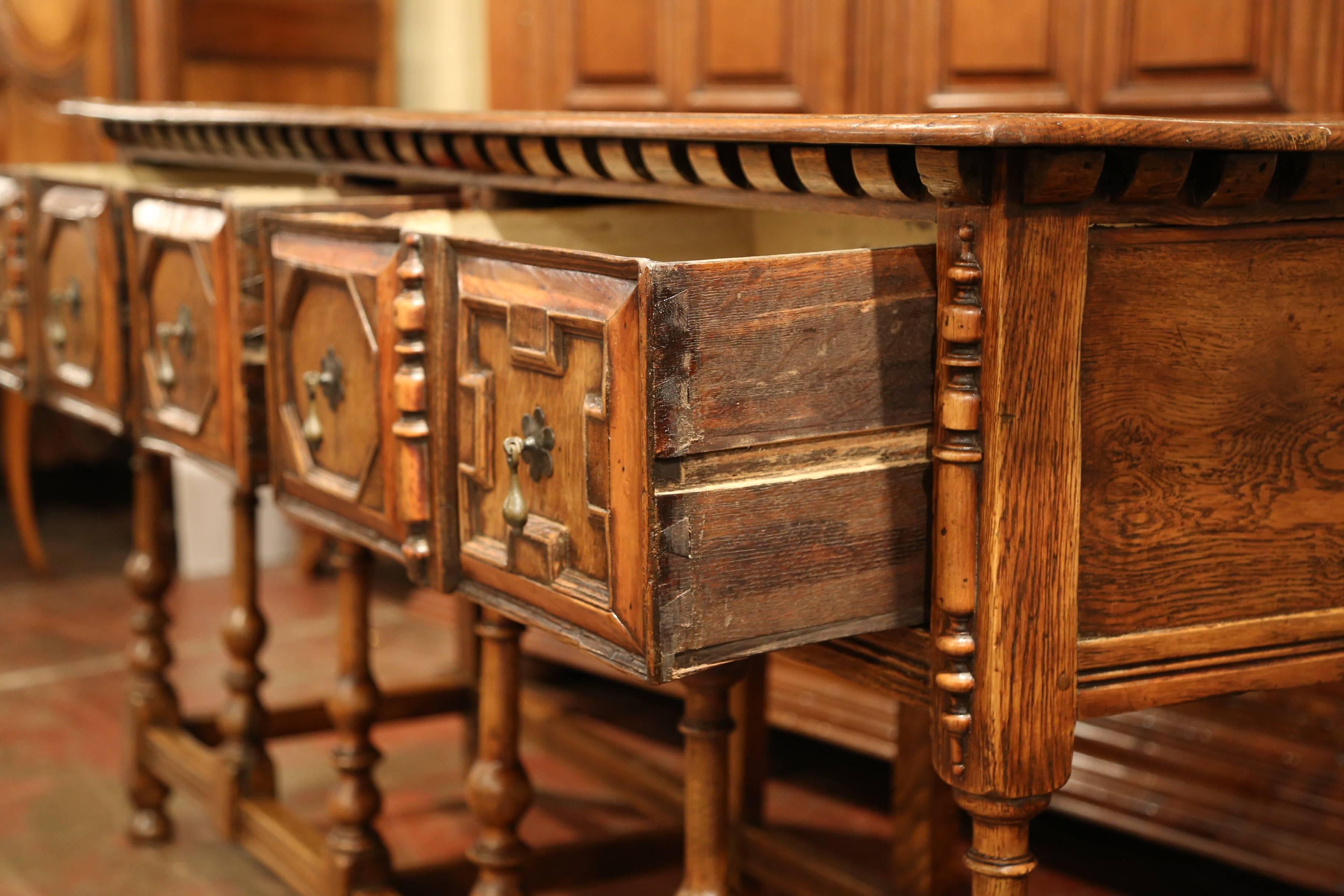 19th Century English Carved Chestnut and Oak Eight-Leg Console Table and Drawers 2