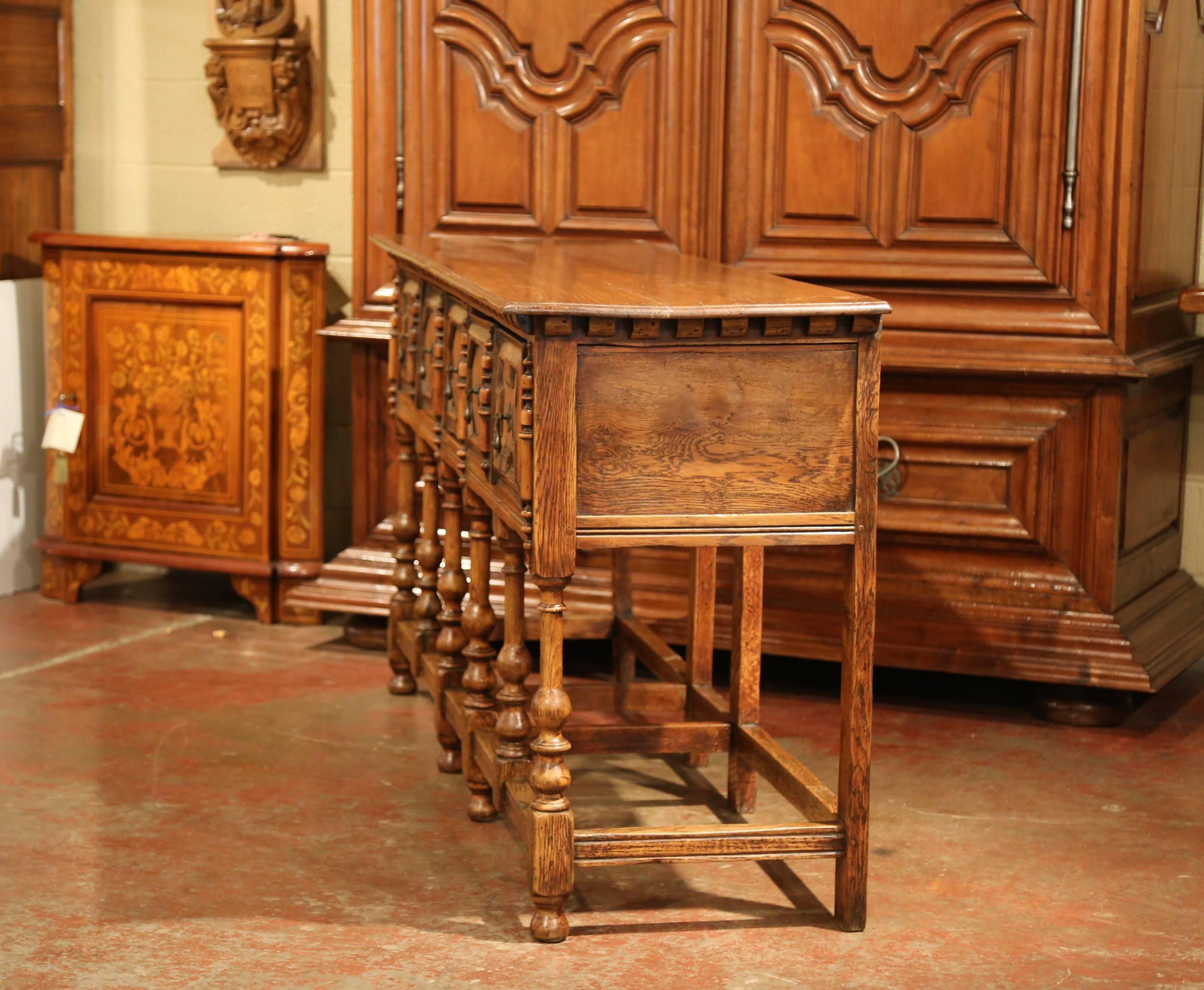 19th Century English Carved Chestnut and Oak Eight-Leg Console Table and Drawers 4