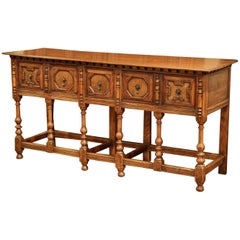 19th Century English Carved Chestnut and Oak Eight-Leg Console Table and Drawers