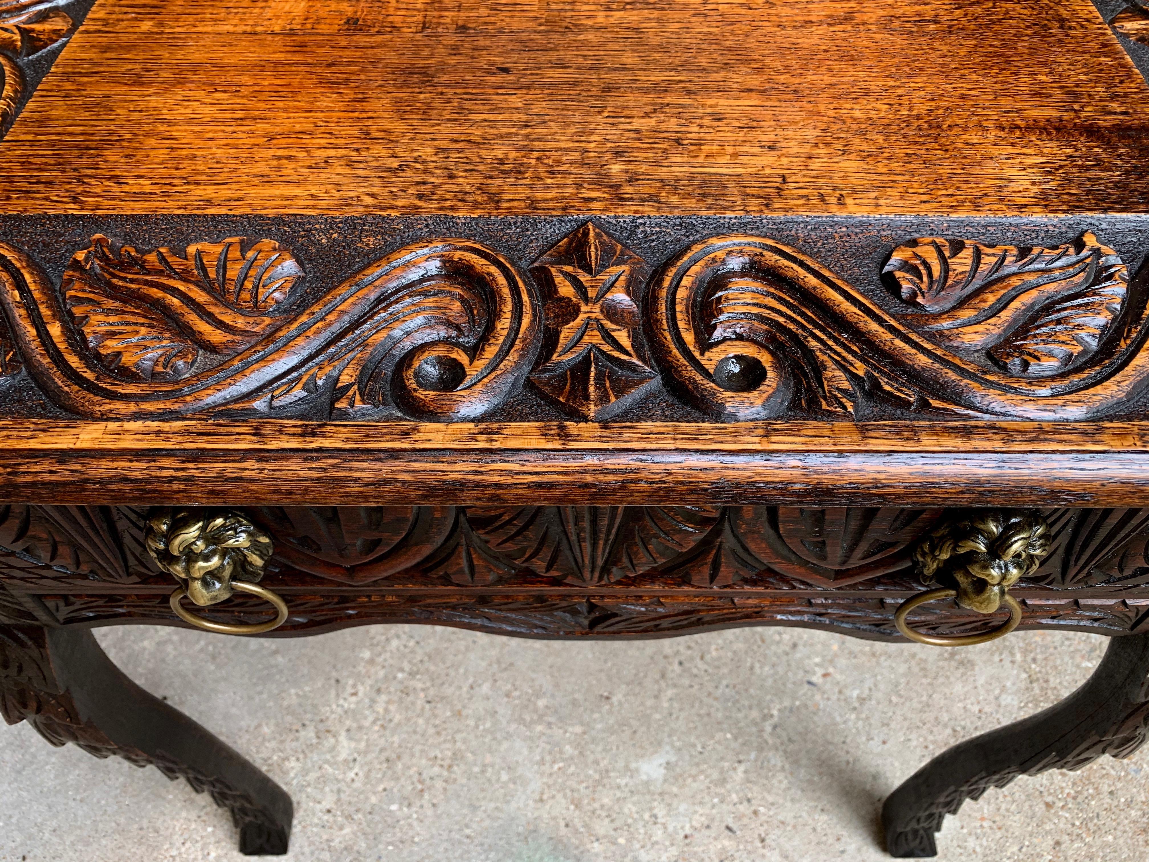 Antique English Sofa Side Table Brass Renaissance Lion Carved Dark Oak c1890 For Sale 6