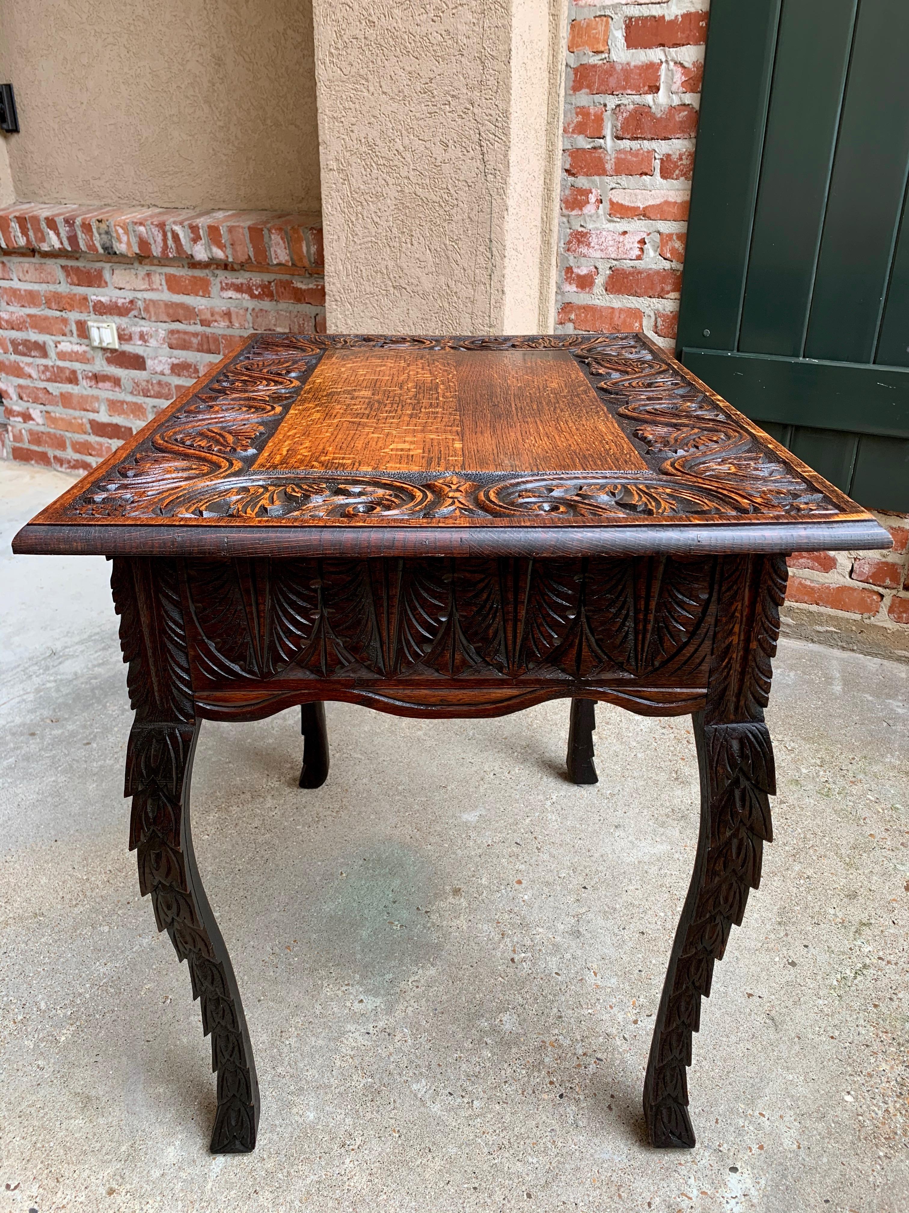 Antique English Sofa Side Table Brass Renaissance Lion Carved Dark Oak c1890 For Sale 7