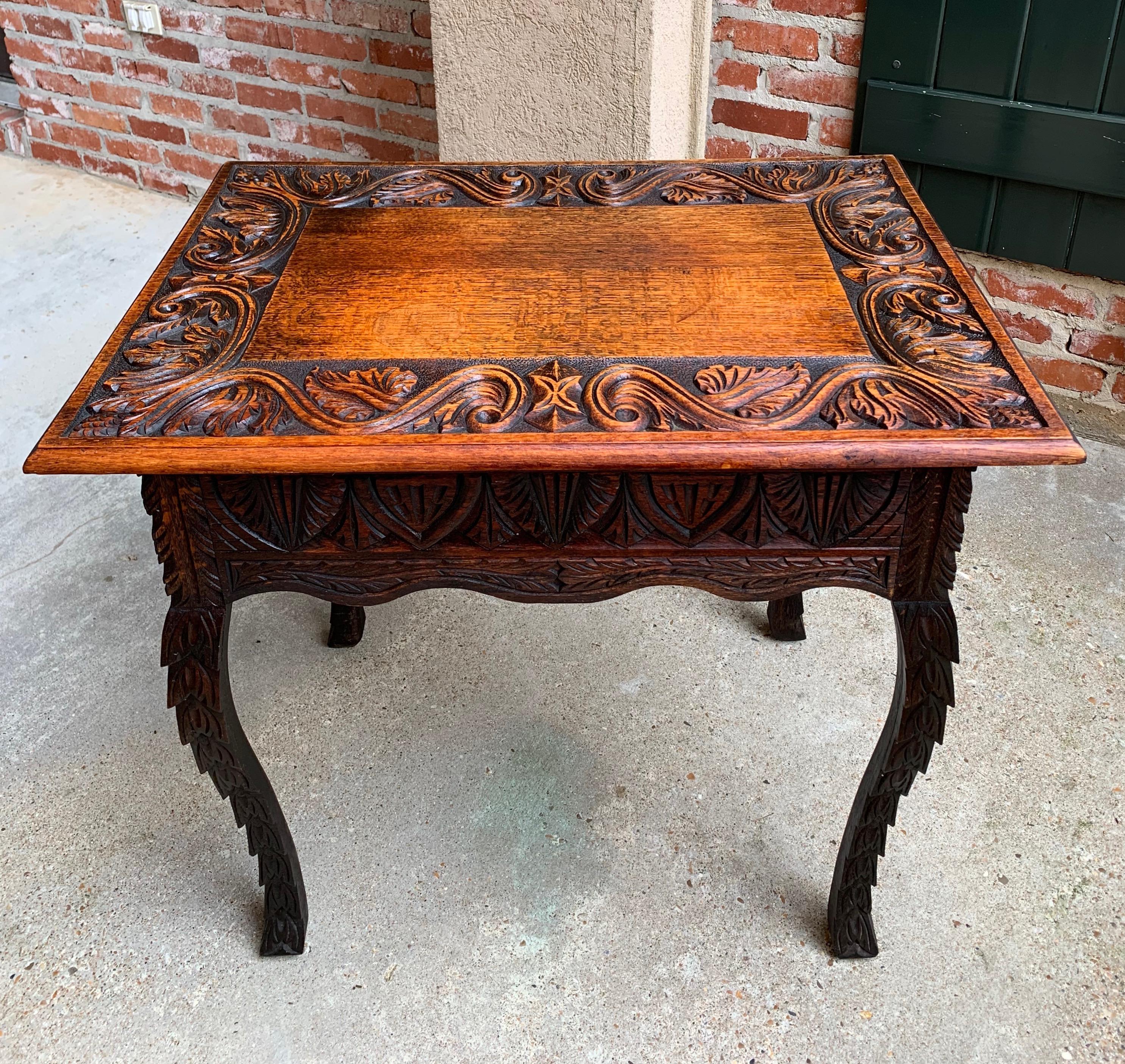 19th Century English Sofa Side Table Brass Renaissance Lion Carved Dark Oak For Sale 8