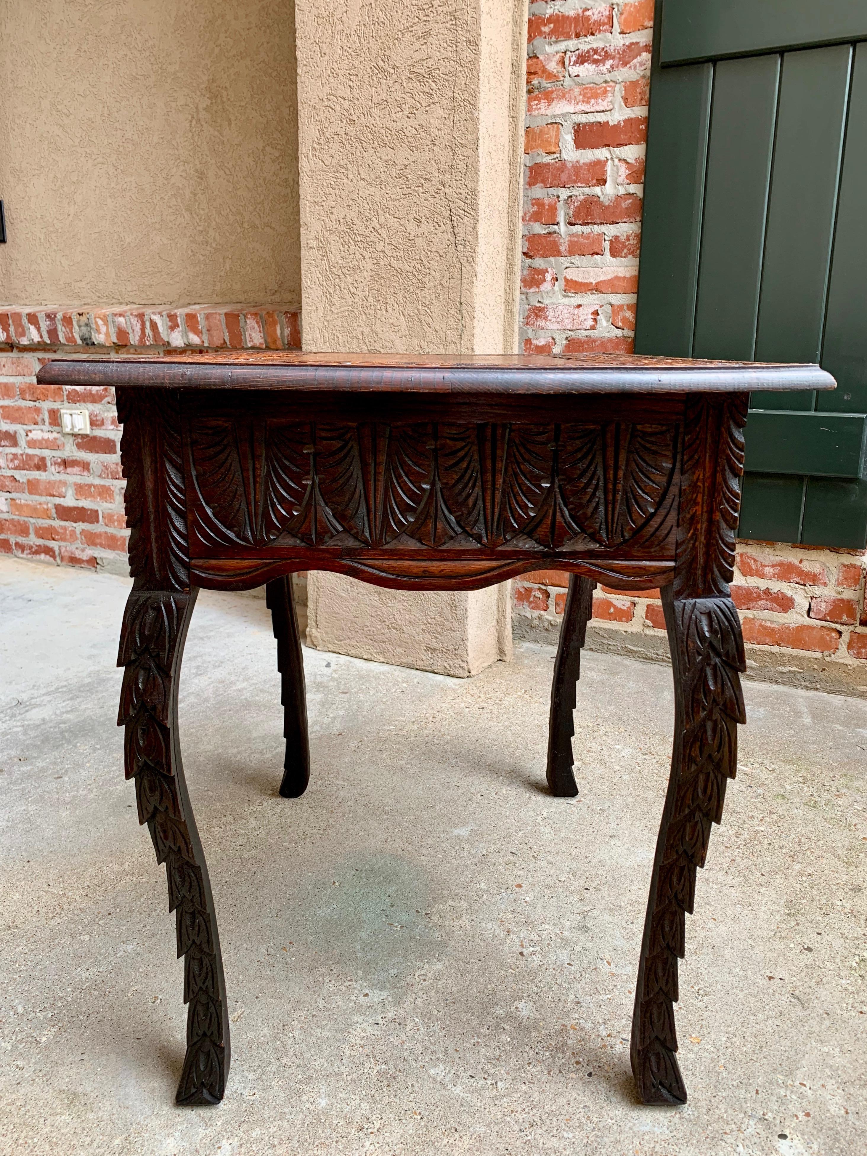 Antique English Sofa Side Table Brass Renaissance Lion Carved Dark Oak c1890 For Sale 13
