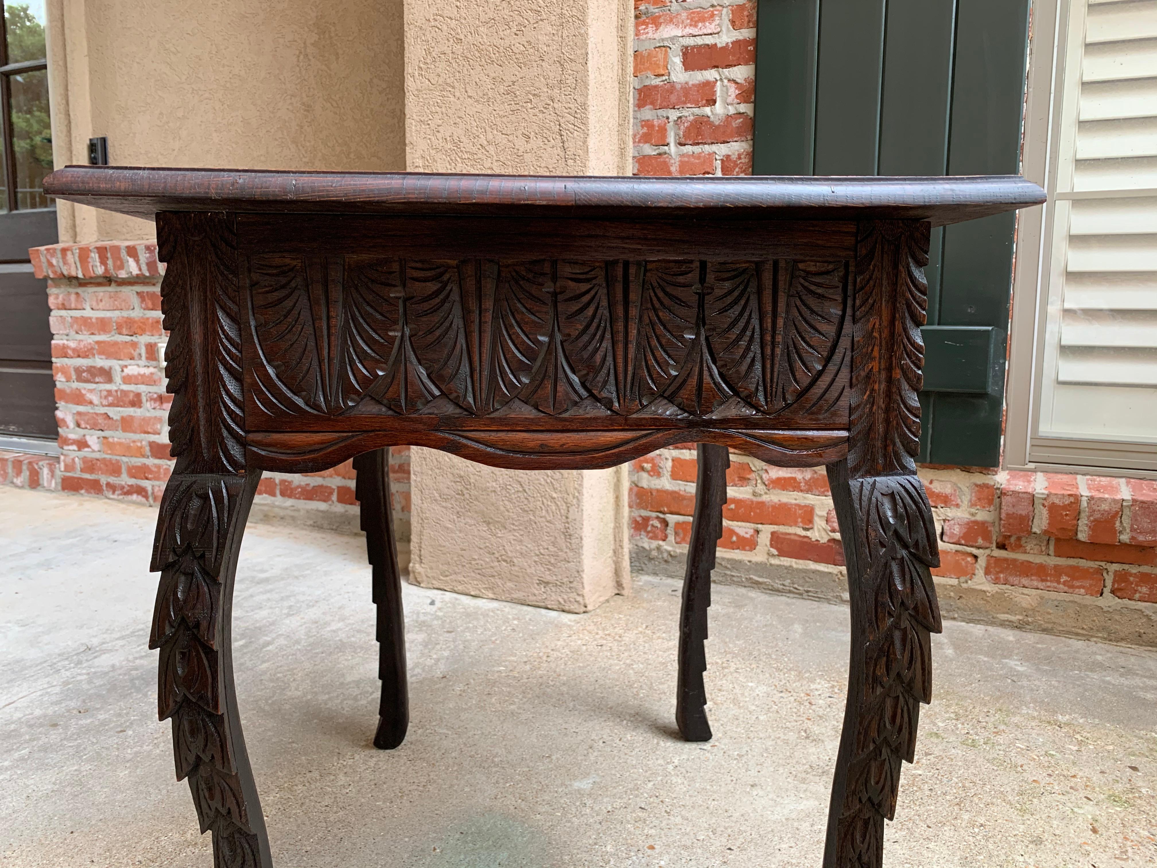 Antique English Sofa Side Table Brass Renaissance Lion Carved Dark Oak c1890 For Sale 14