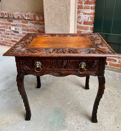 Antique English Sofa Side Table Brass Renaissance Lion Carved Dark Oak c1890
