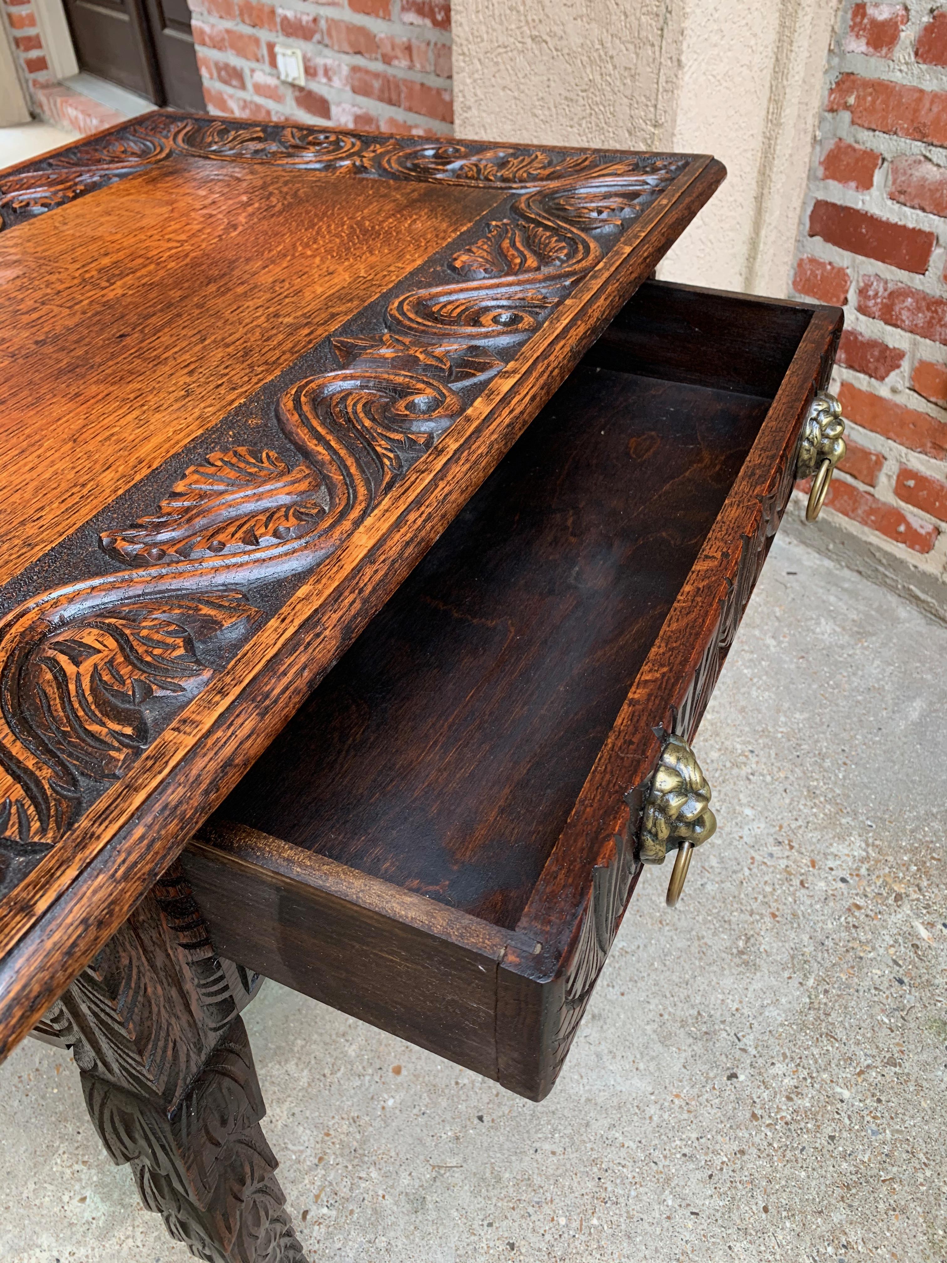 Antique English Sofa Side Table Brass Renaissance Lion Carved Dark Oak c1890 For Sale 15