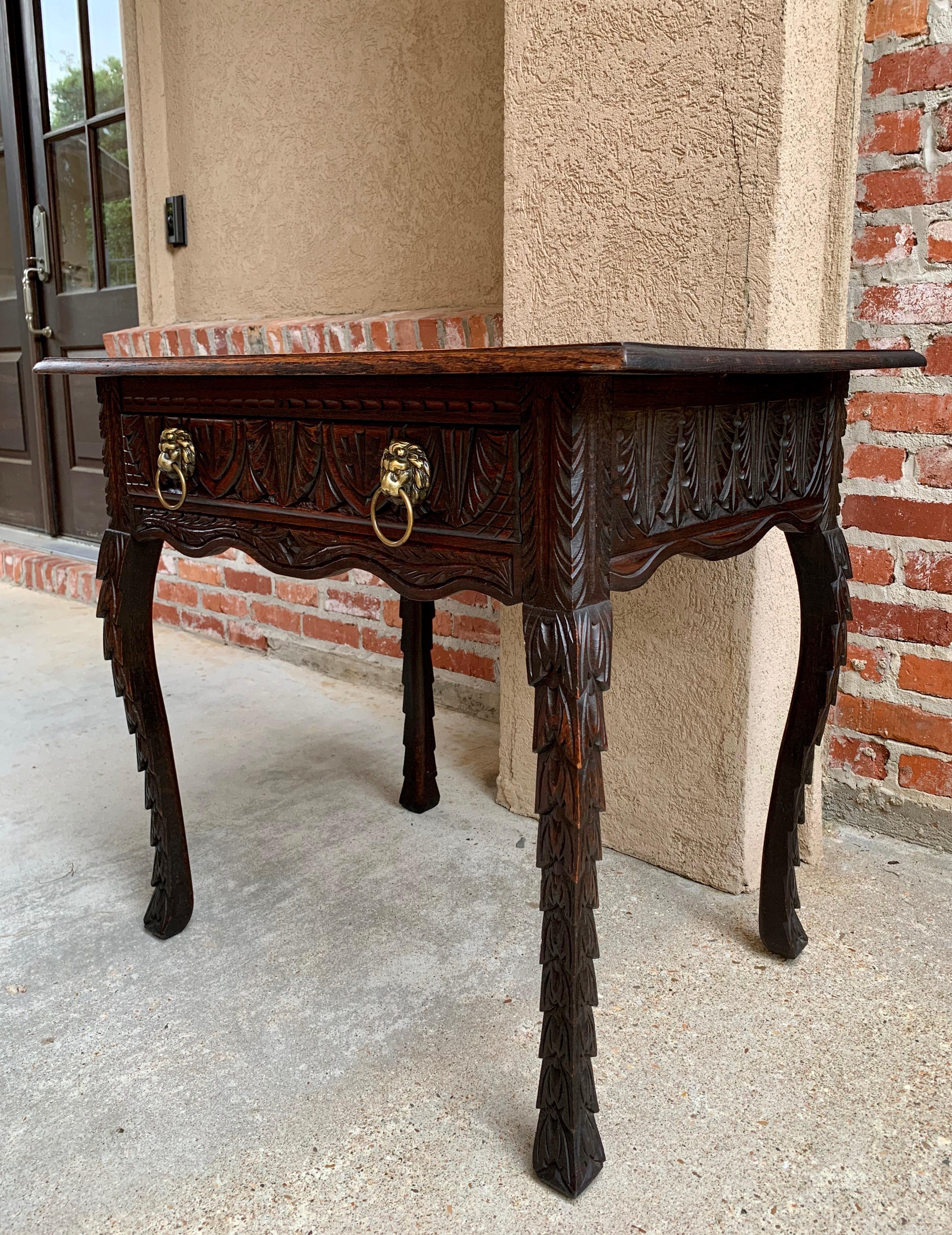 Antique English Sofa Side Table Brass Renaissance Lion Carved Dark Oak c1890 In Good Condition For Sale In Shreveport, LA
