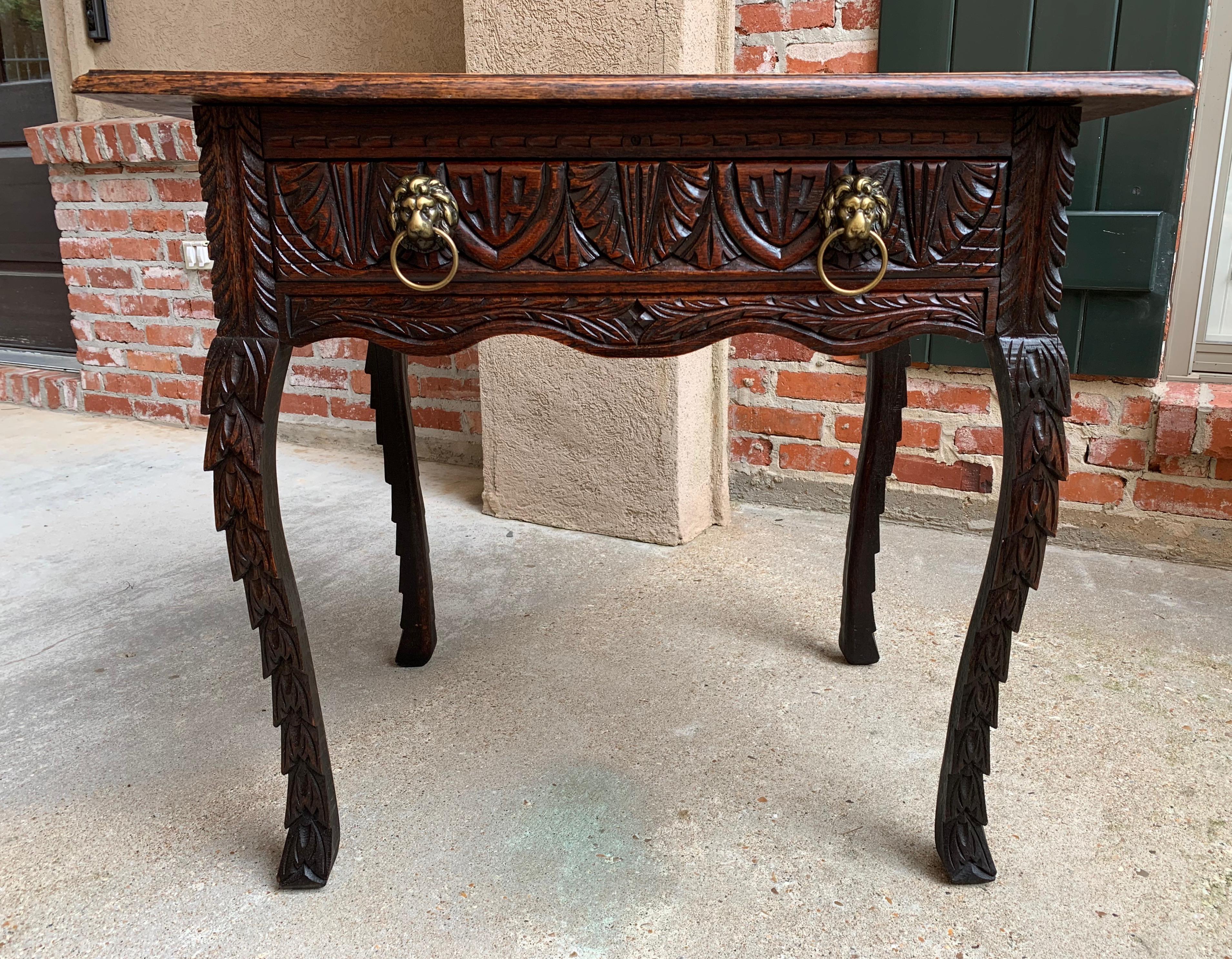 19th Century English Sofa Side Table Brass Renaissance Lion Carved Dark Oak For Sale 3