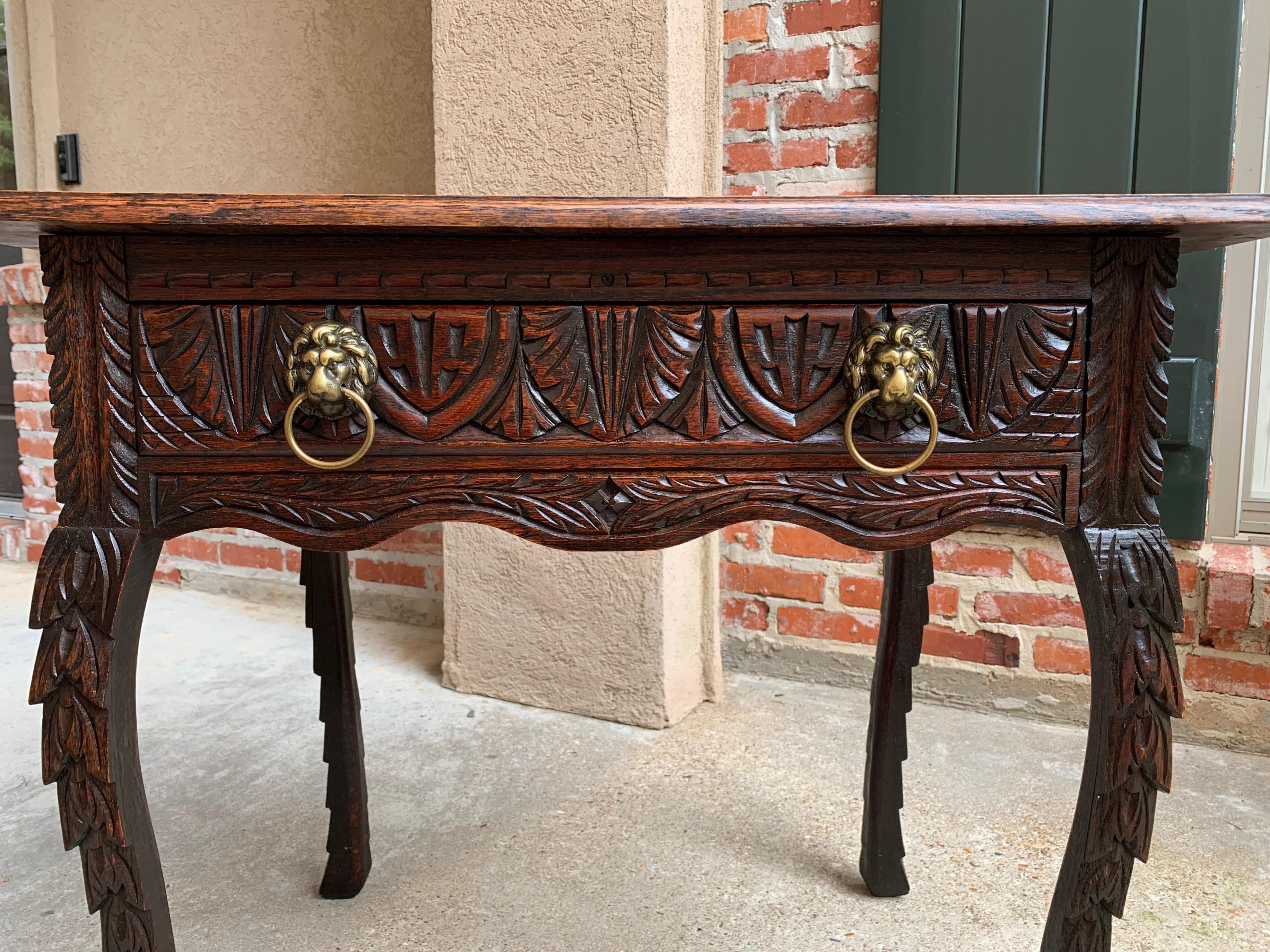 Antique English Sofa Side Table Brass Renaissance Lion Carved Dark Oak c1890 For Sale 4
