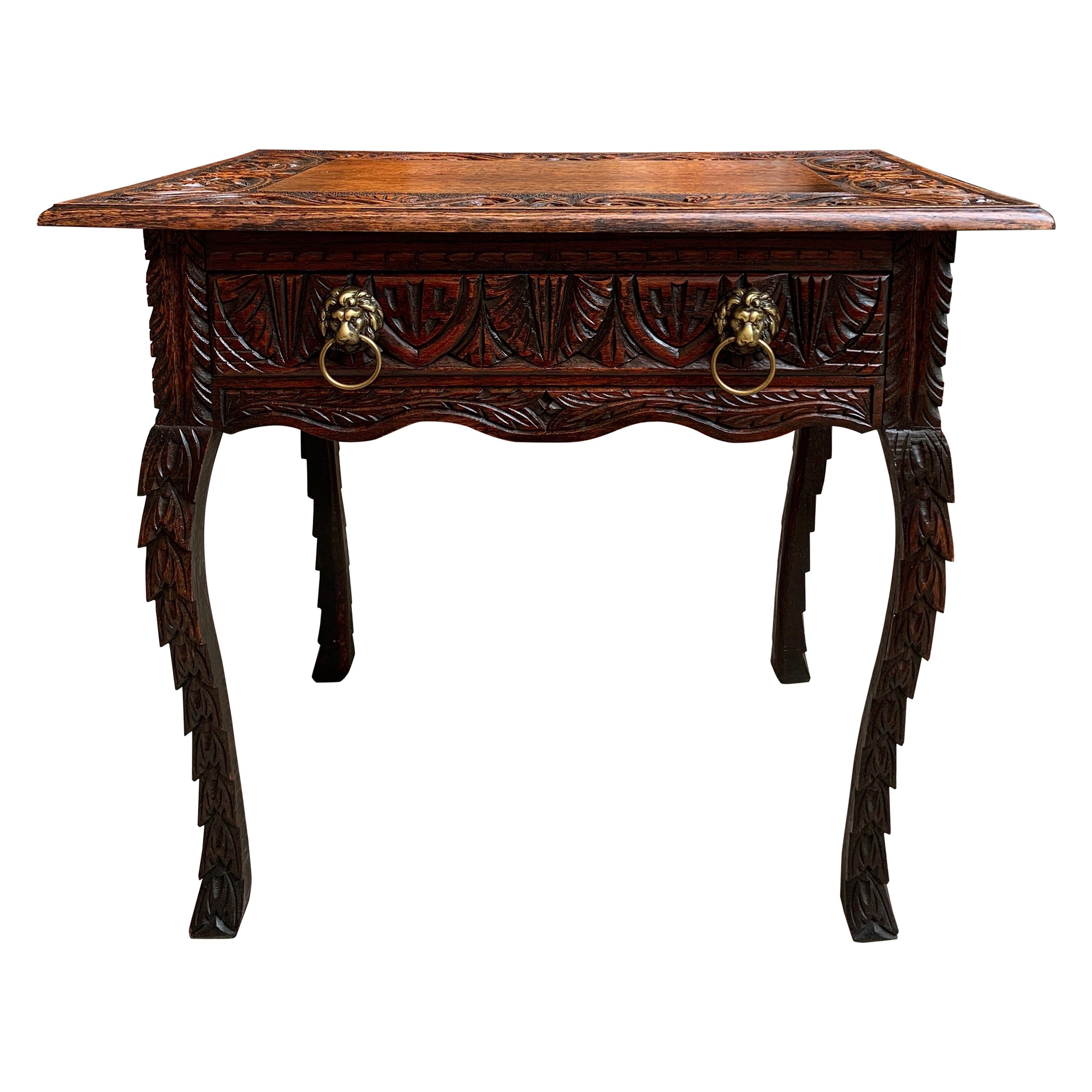 19th Century English Sofa Side Table Brass Renaissance Lion Carved Dark Oak For Sale