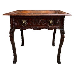19th Century English Sofa Side Table Brass Renaissance Lion Carved Dark Oak