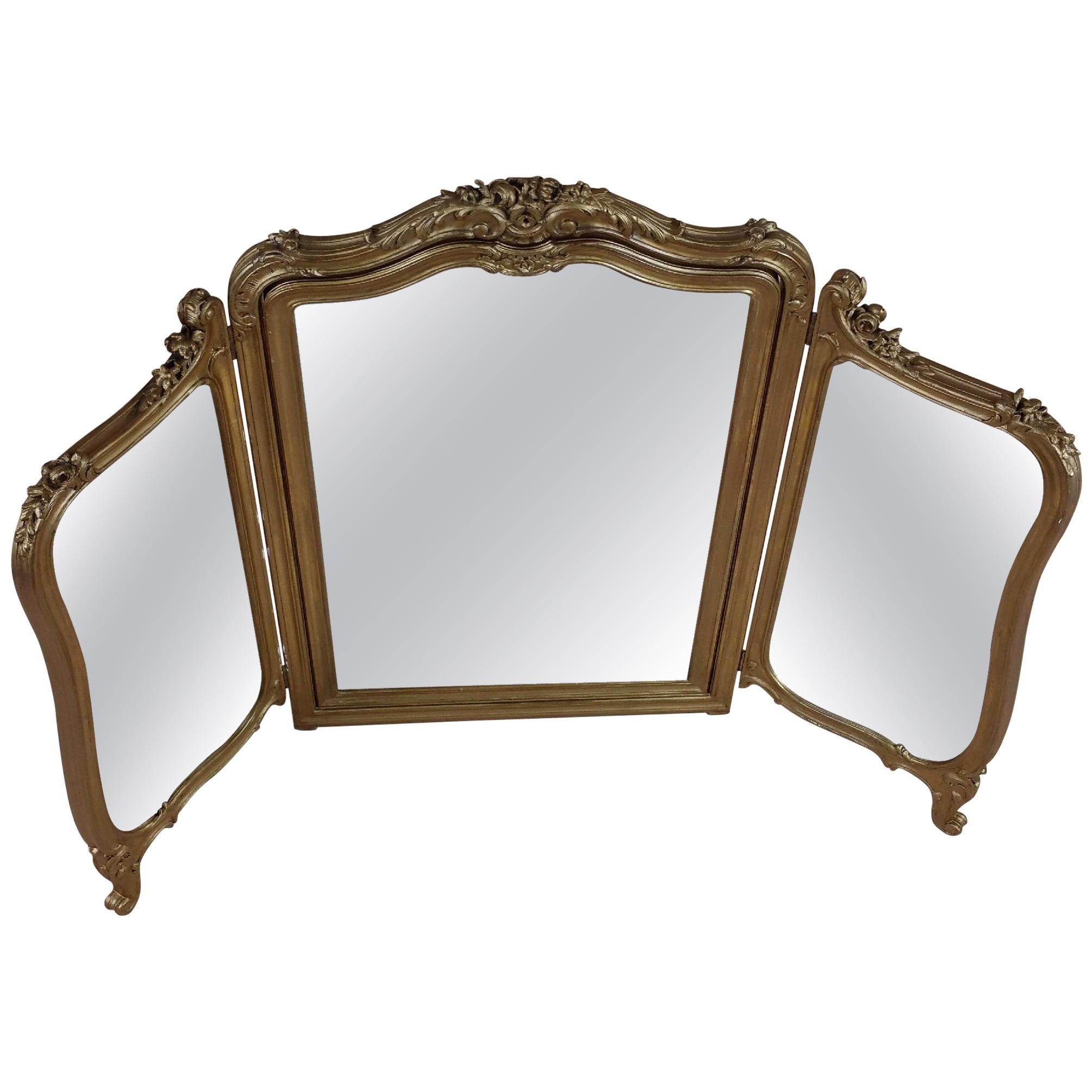 19th Century English Carved Giltwood Folding Triptych Mirror For Sale