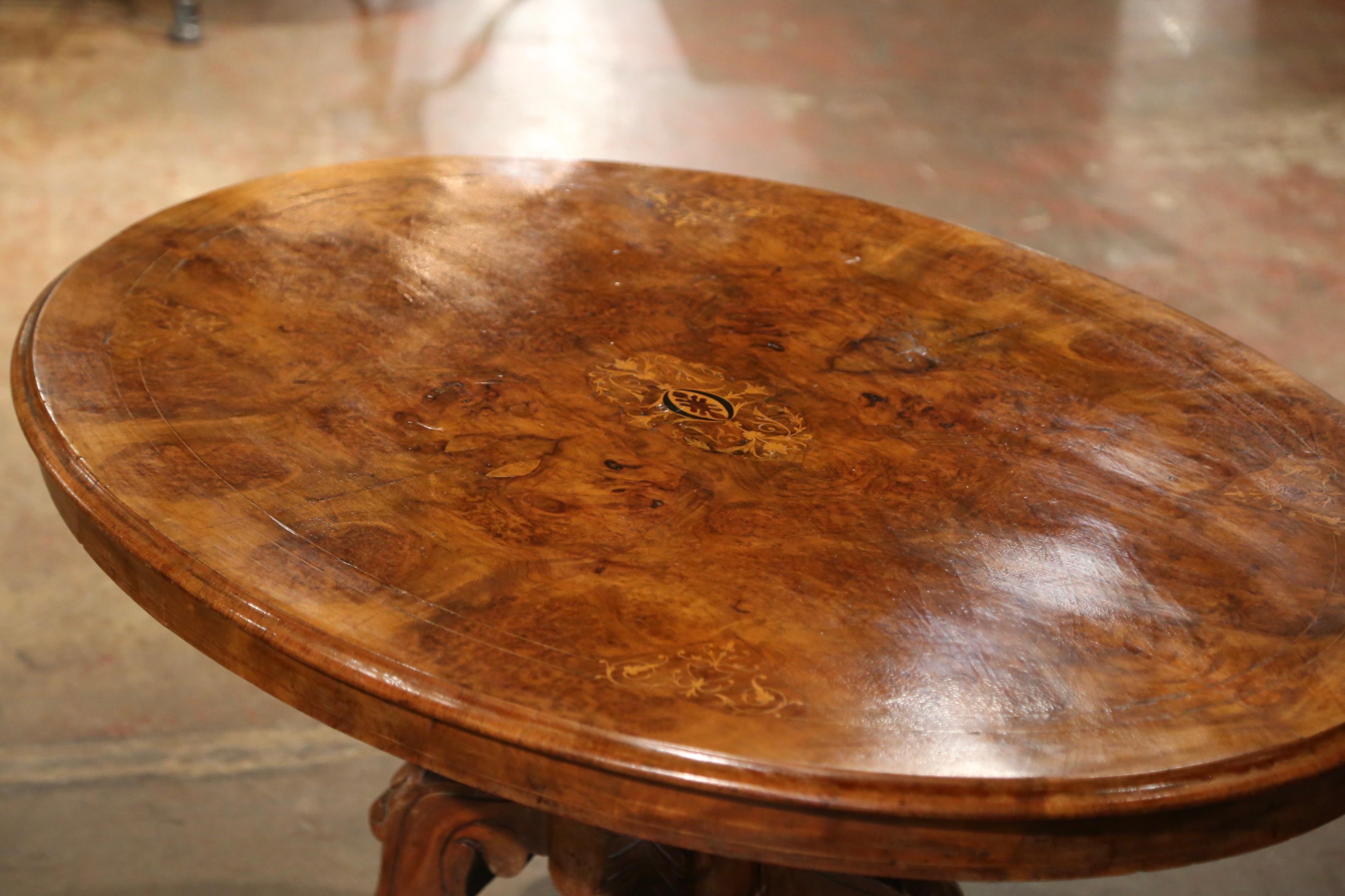 Chippendale 19th Century English Carved Inlaid Burl and Walnut Oval Pedestal Coffee Table  For Sale
