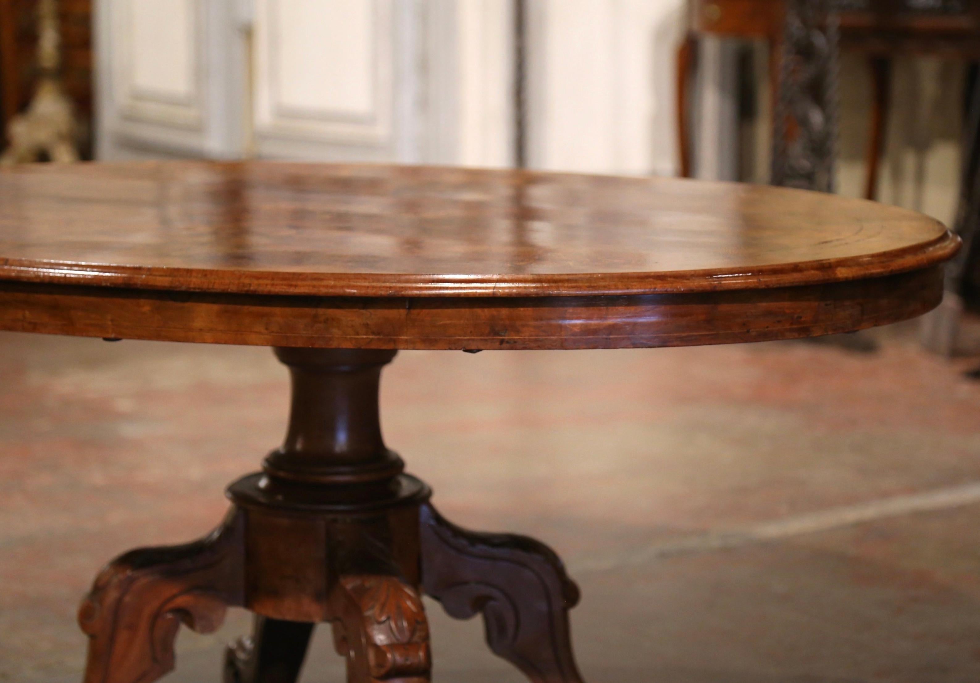 Hand-Carved 19th Century English Carved Inlaid Burl and Walnut Oval Pedestal Coffee Table  For Sale