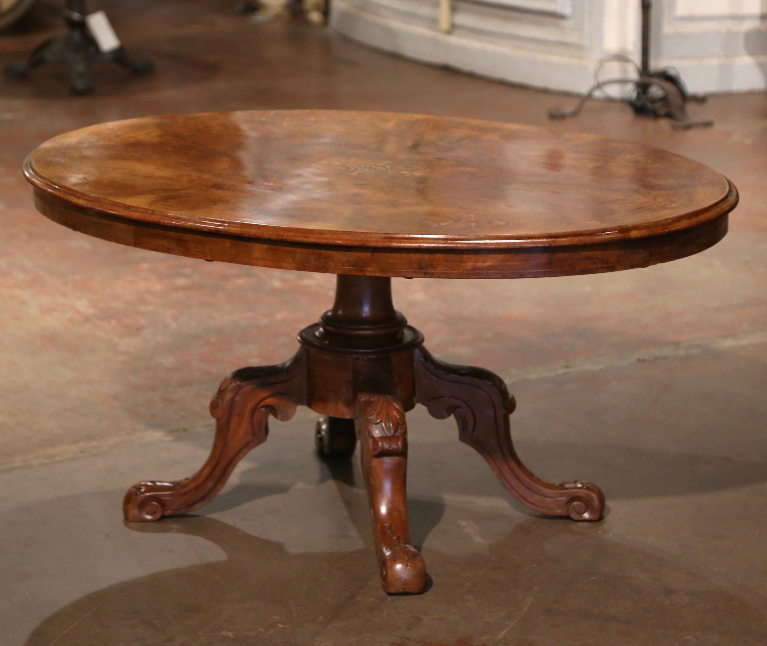 19th Century English Carved Inlaid Burl and Walnut Oval Pedestal Coffee Table  For Sale 1