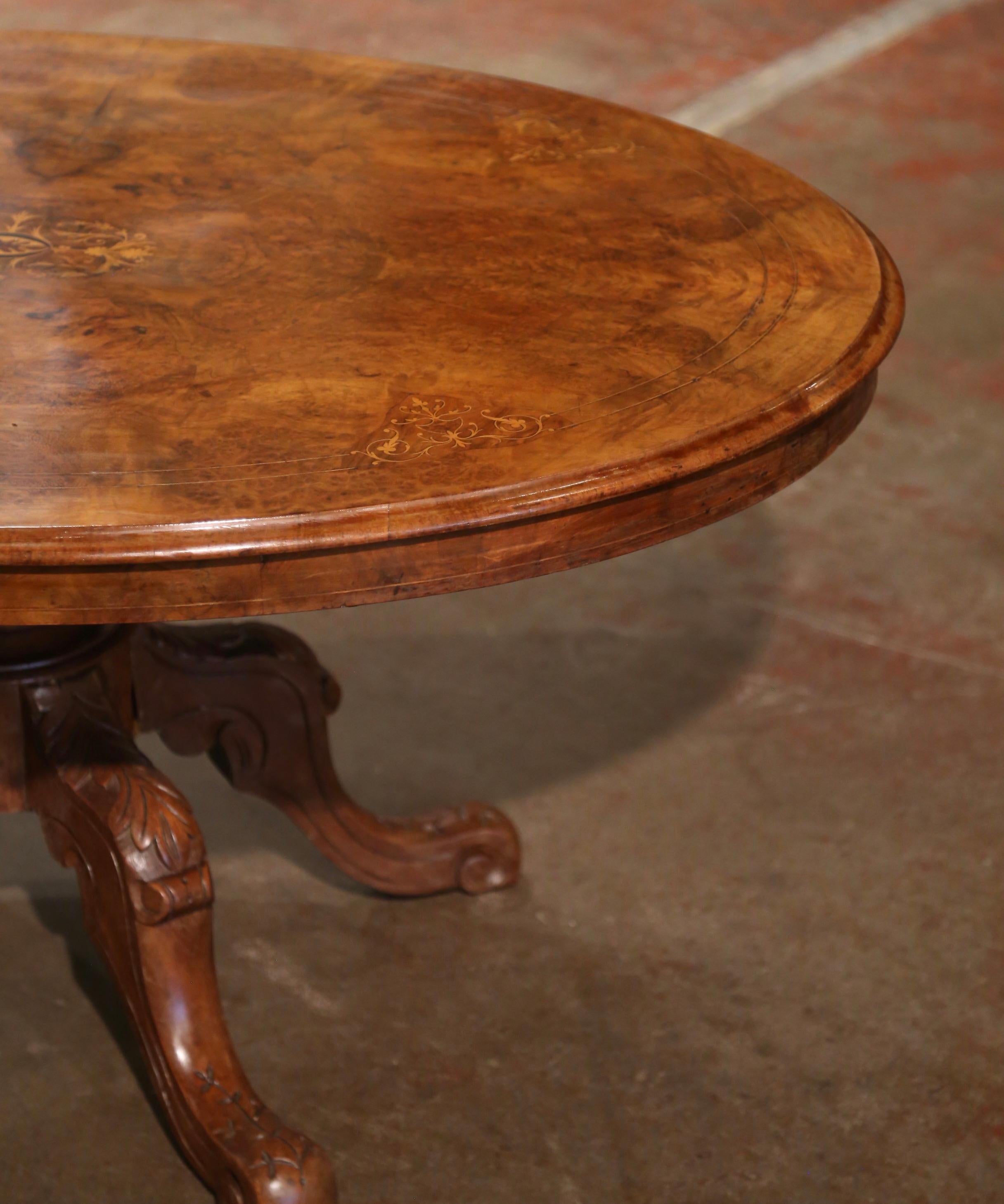 19th Century English Carved Inlaid Burl and Walnut Oval Pedestal Coffee Table  For Sale 2