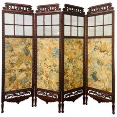 Antique 19th Century English Carved Mahogany and Glass Four-Panel Room Divider or Screen