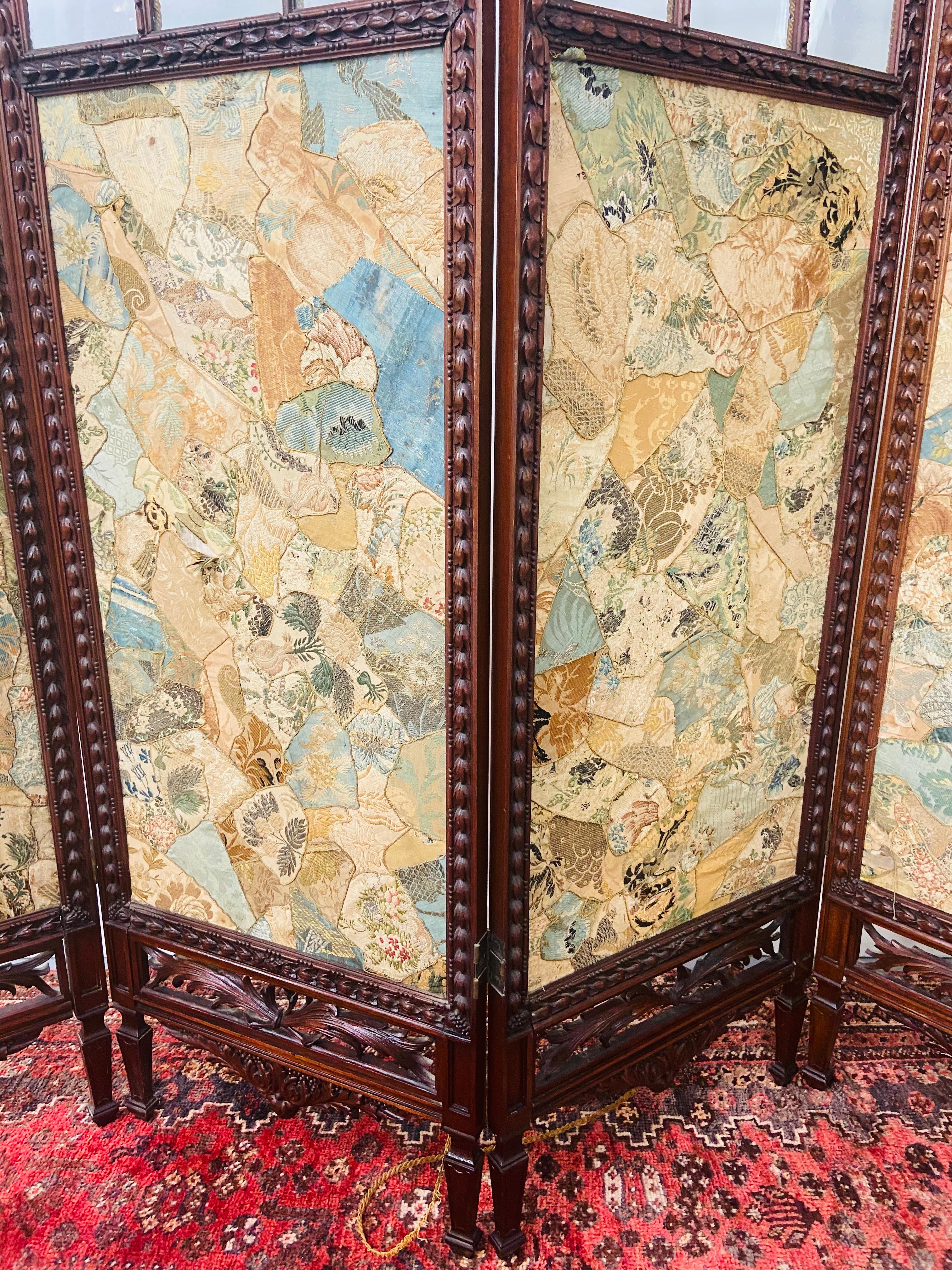 Victorian 19th Century English Carved Mahogany and Glass Four-Panel Room Divider or Screen