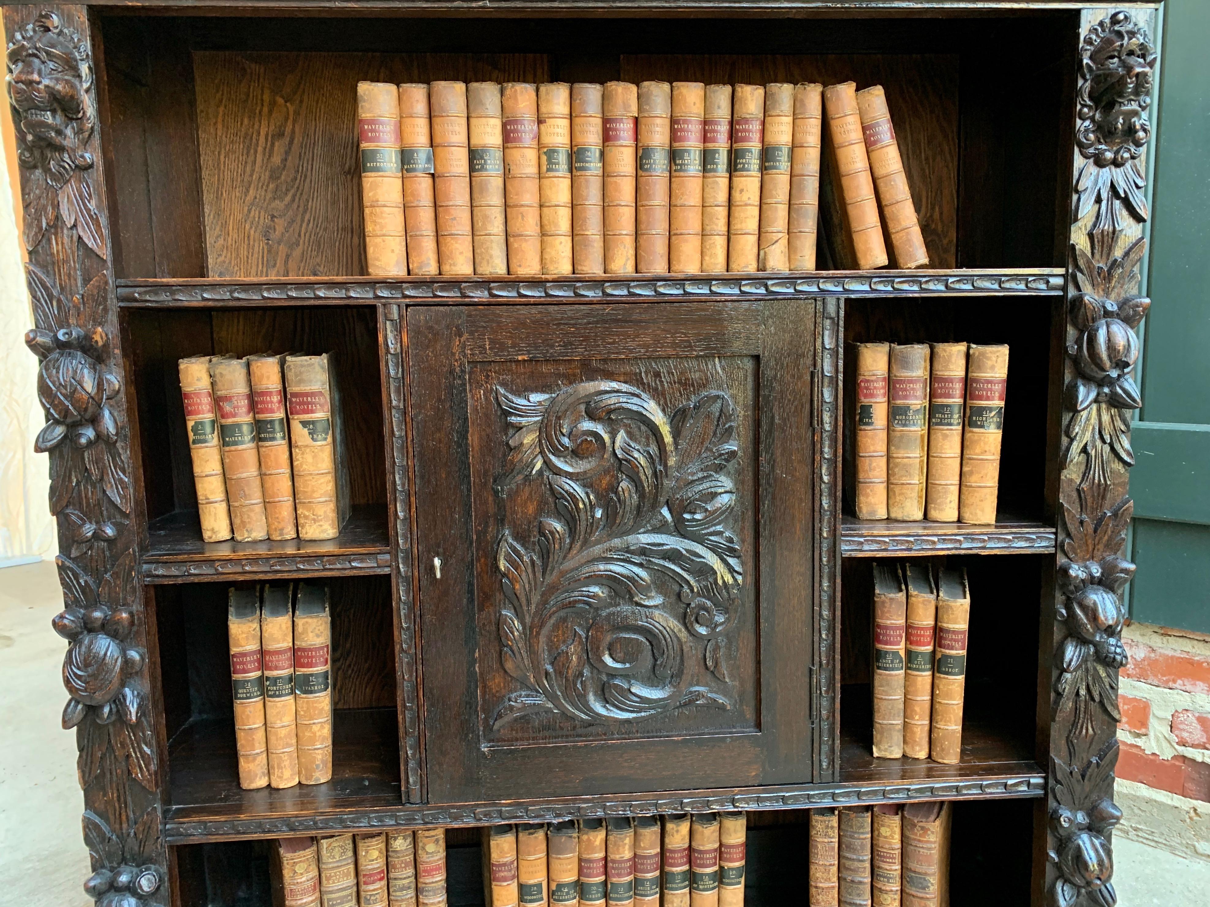 19th Century English Carved Oak Bookcase Cabinet Renaissance Baroque Book Shelf 3
