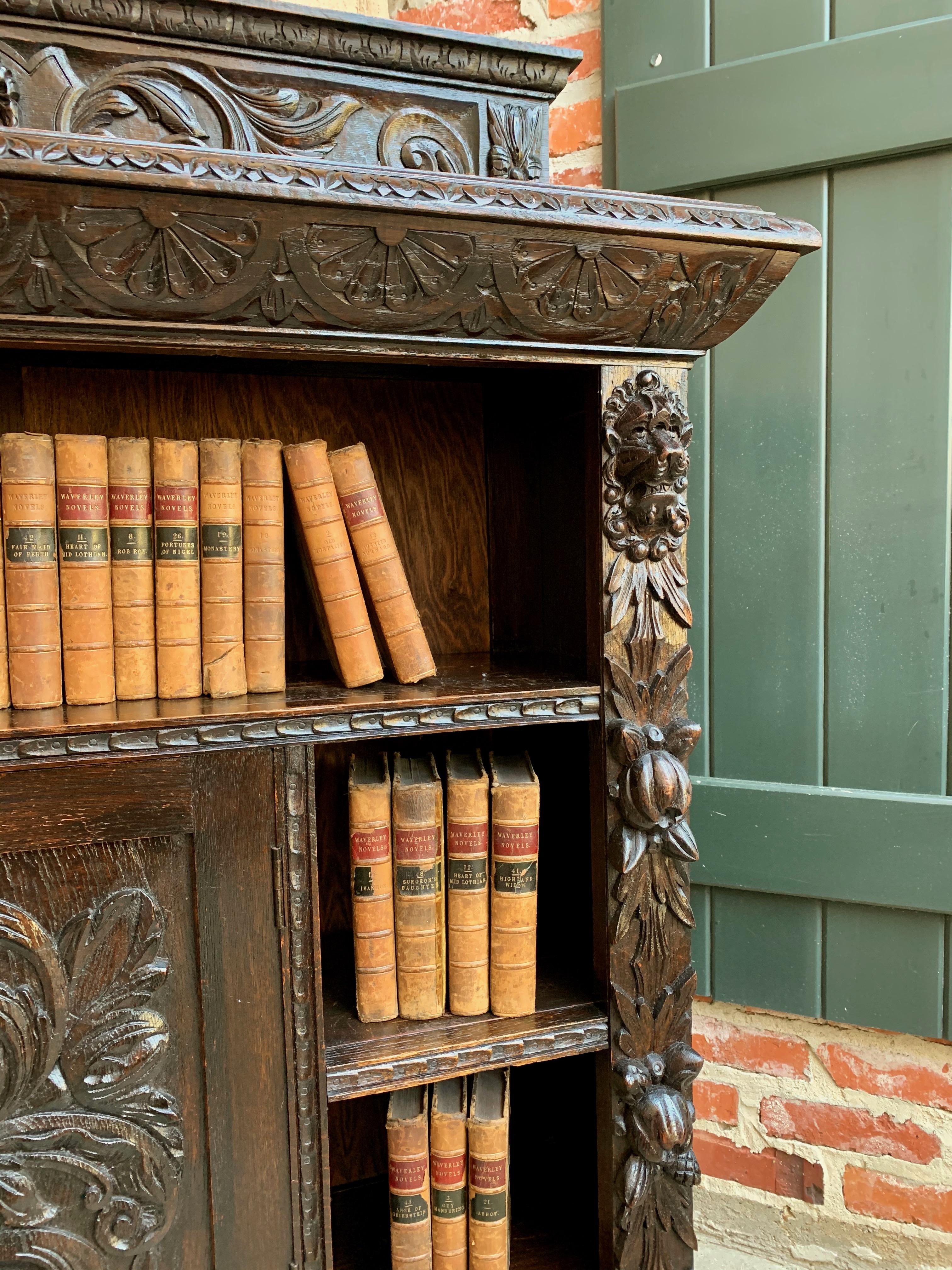 19th Century English Carved Oak Bookcase Cabinet Renaissance Baroque Book Shelf 8