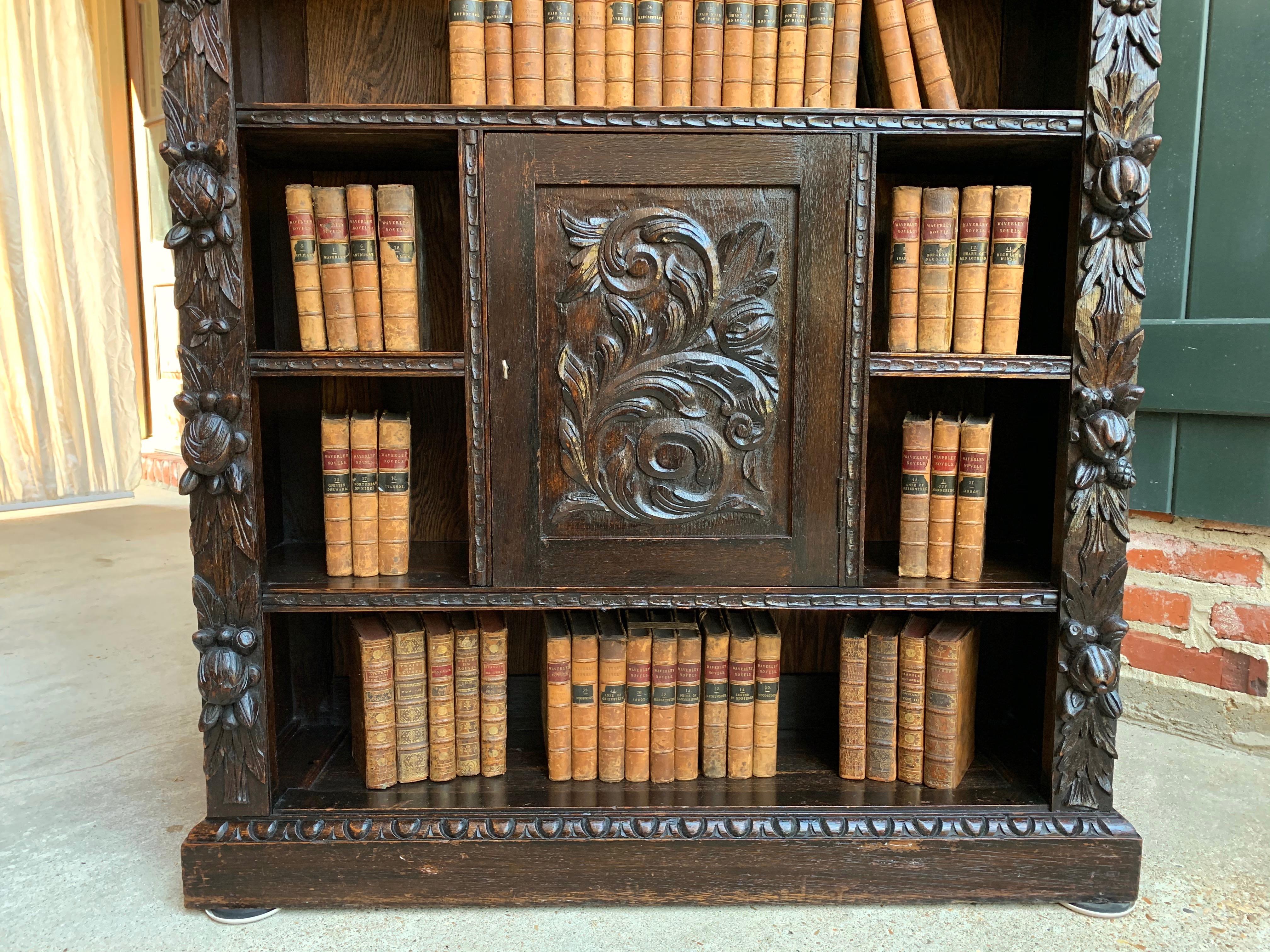 Hand-Carved 19th Century English Carved Oak Bookcase Cabinet Renaissance Baroque Book Shelf