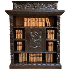 19th Century English Carved Oak Bookcase Cabinet Renaissance Baroque Book Shelf