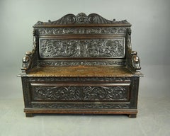 19th century English carved oak box settle monks bench hall seats