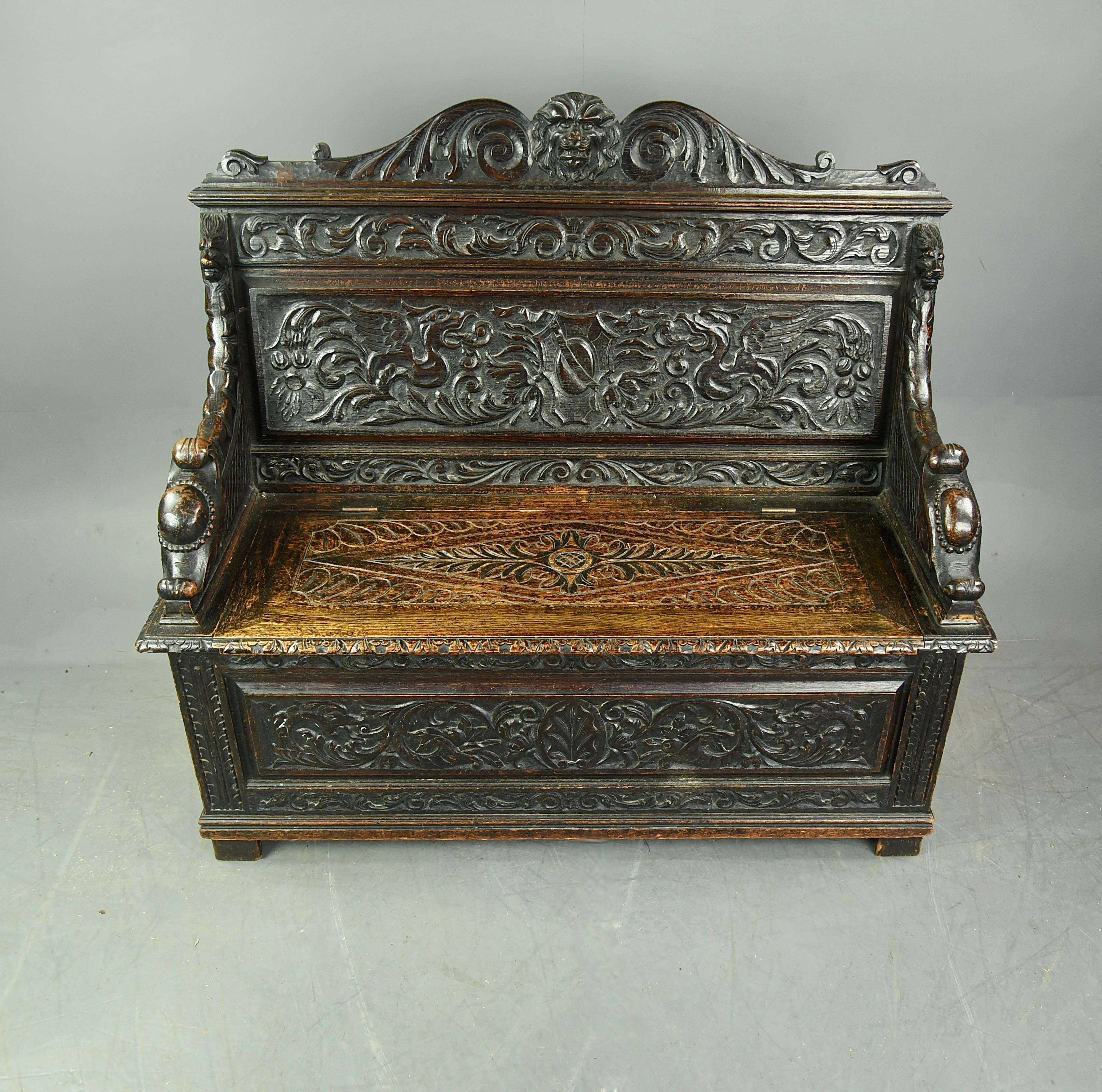 Elizabethan 19th century English carved oak box settle monks bench hall seats 