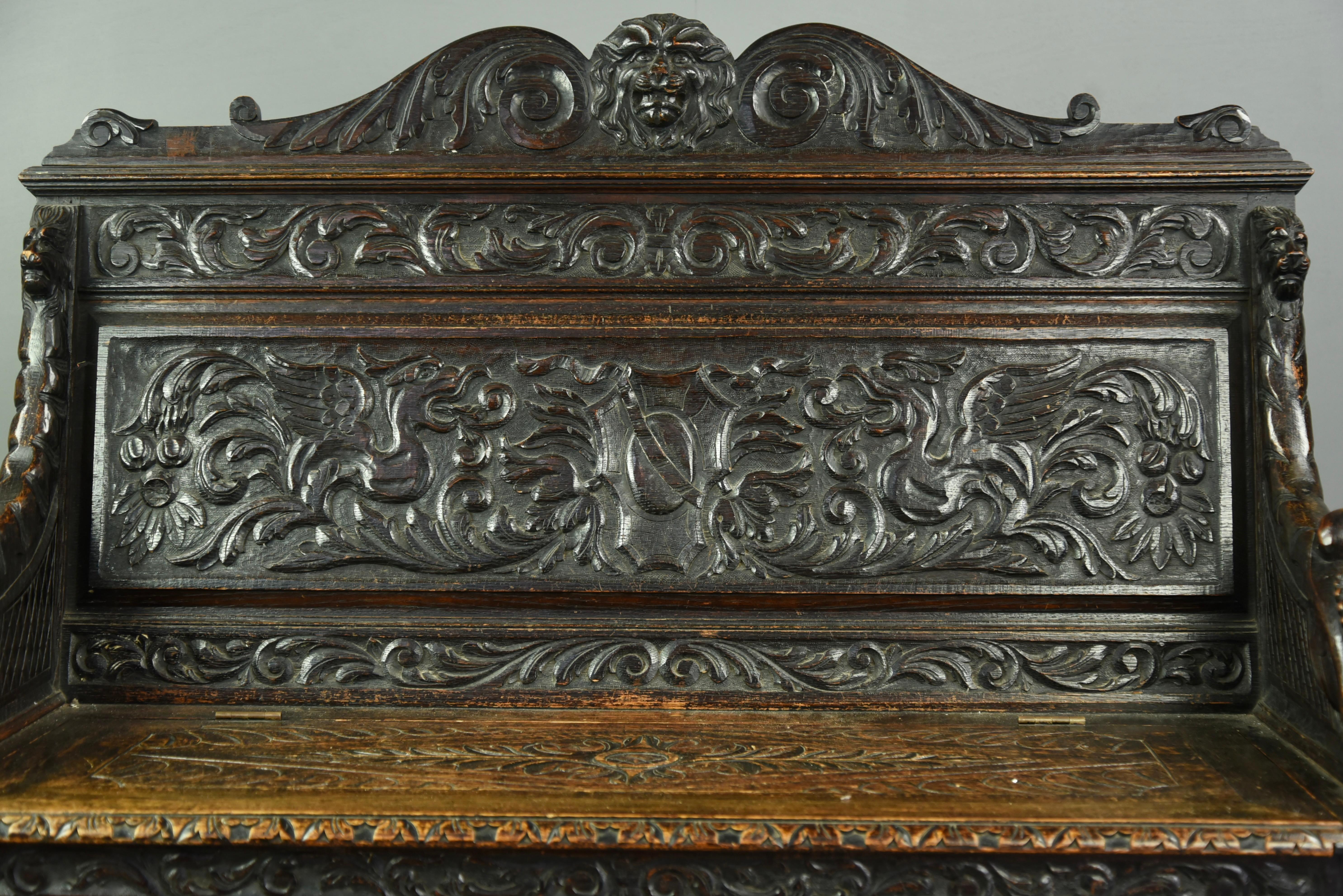 Hand-Carved 19th century English carved oak box settle monks bench hall seats 