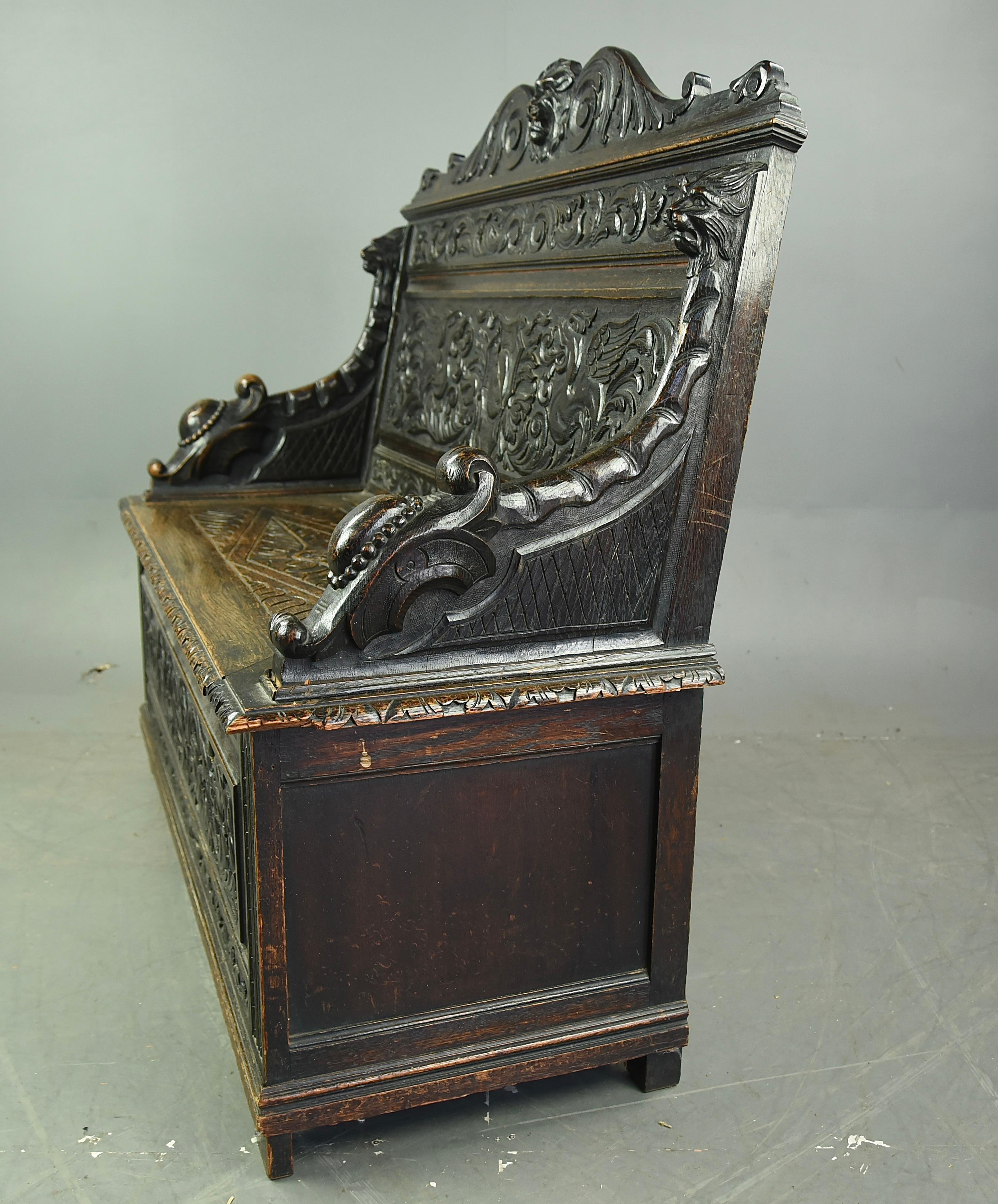 Late 19th Century 19th century English carved oak box settle monks bench hall seats 
