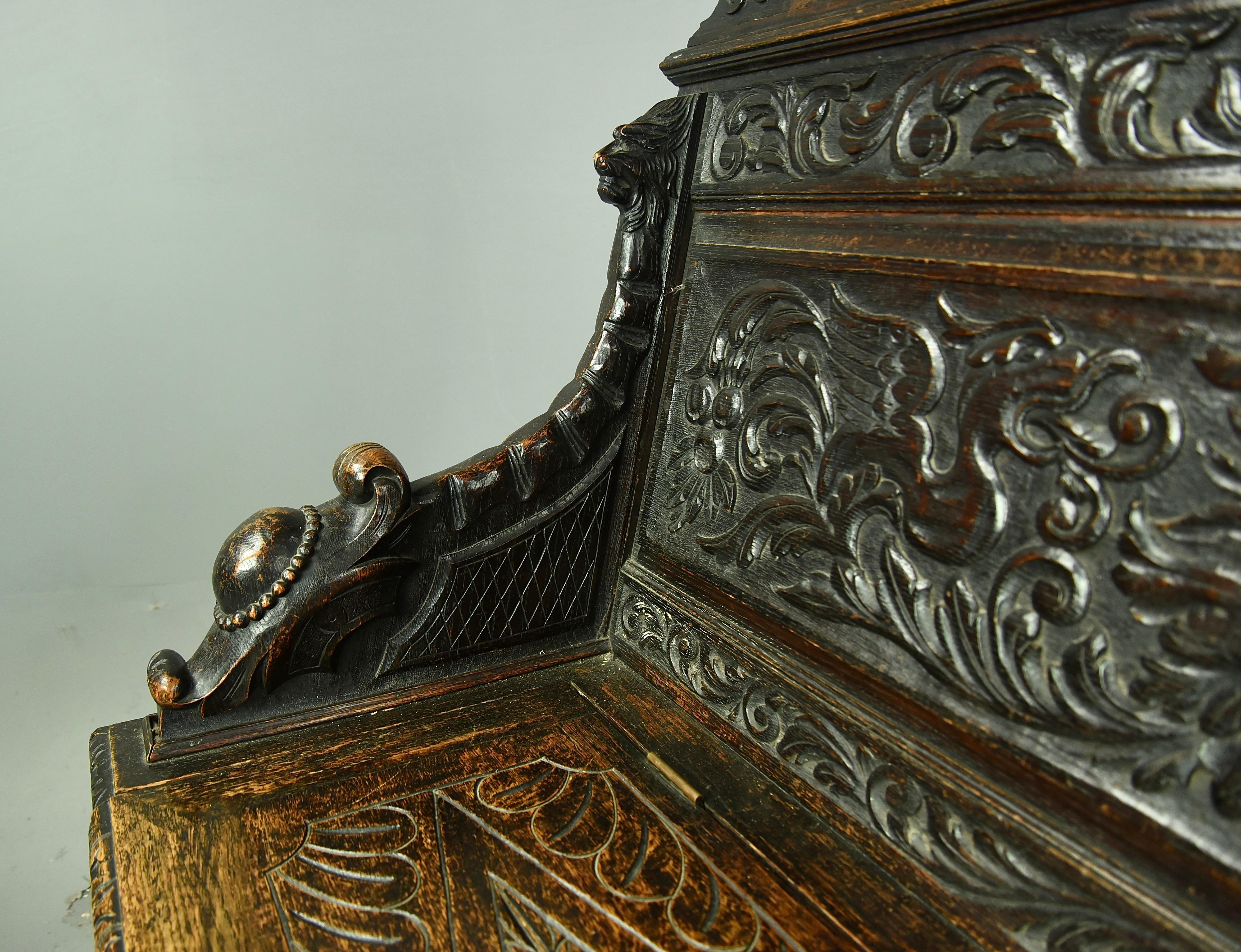 19th century English carved oak box settle monks bench hall seats  1