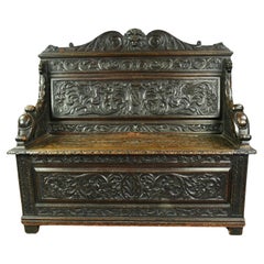 19th century English carved oak box settle monks bench hall seats 