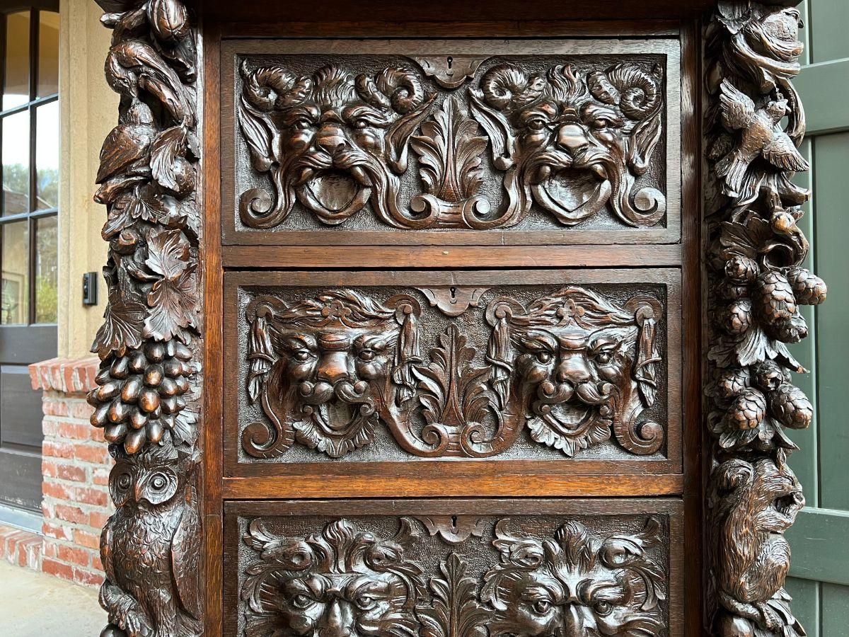 19th Century English Carved Oak Chest Cabinet Gothic Revival Monkey Owl Violin 8